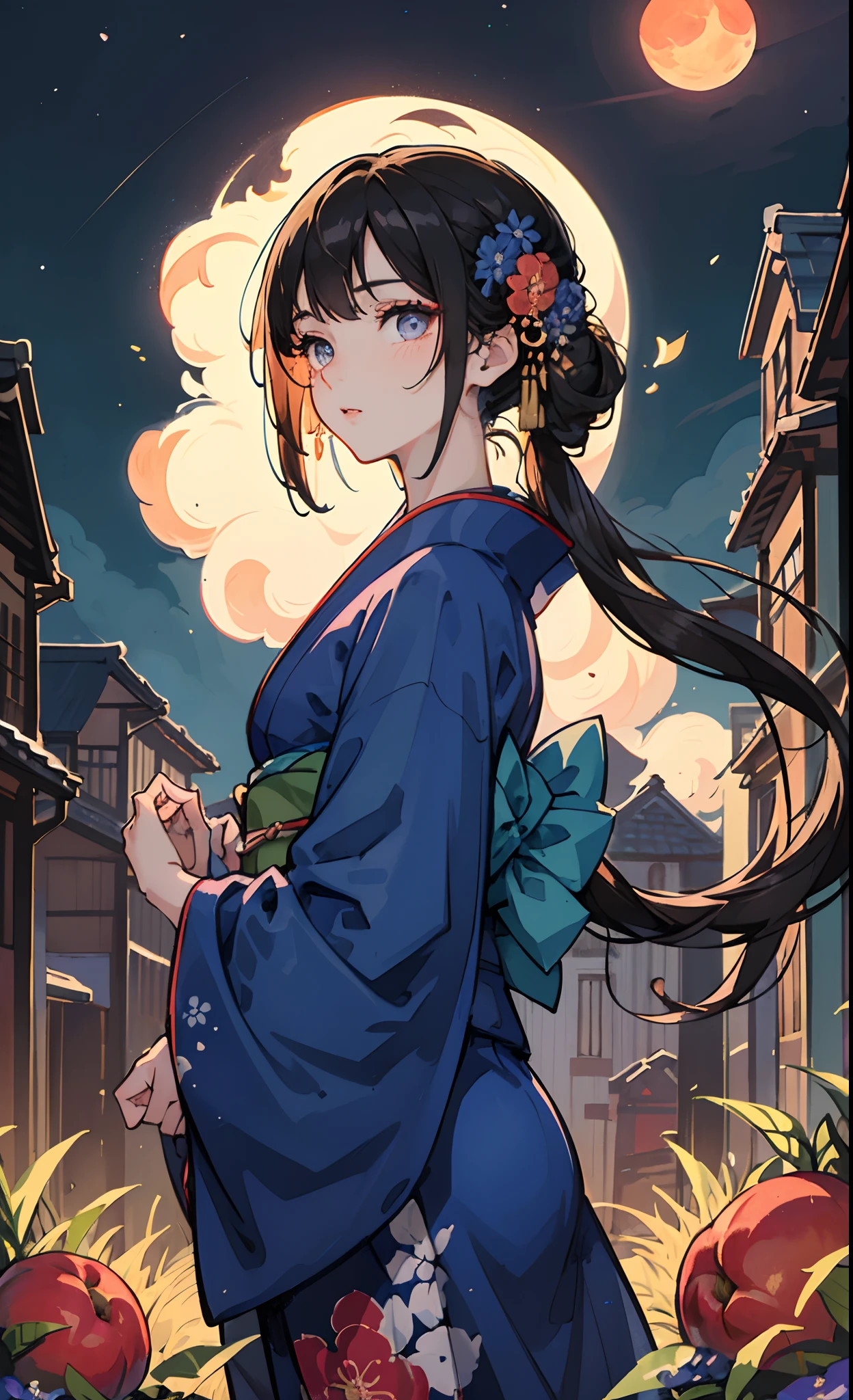 masterpiece、top-quality、Beautiful woman like light、Kimono in dark blue and flowers、A dark-haired、Peach-colored eyes、The background is a night town、Fluffy hair、2D Beautiful Girl