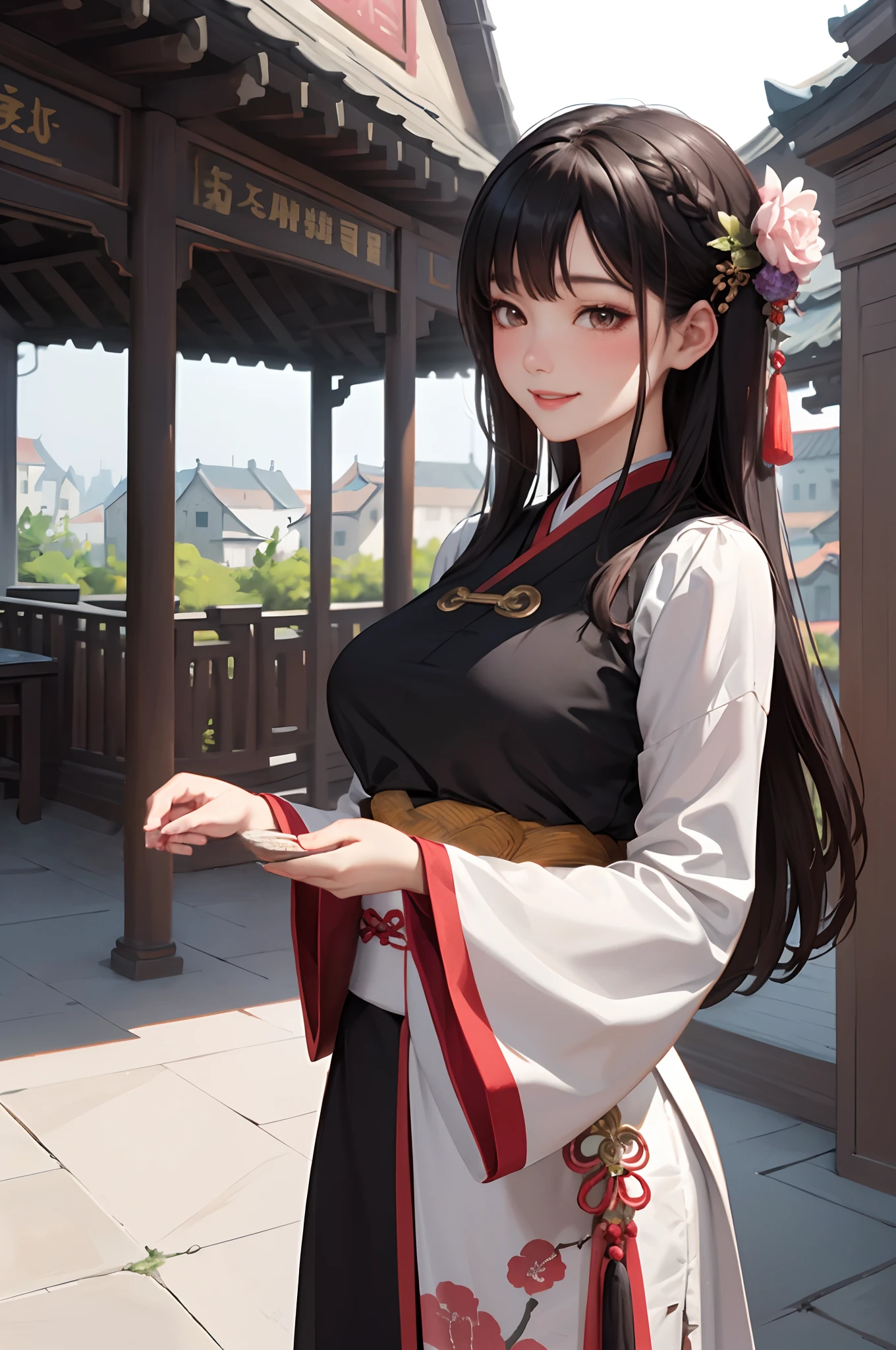 1lady solo, hanfu, mature female, /(black hair/) bangs, blush kind smile, (masterpiece best quality:1.2) delicate illustration ultra-detailed, large breasts BREAK /(traditional townscape in China/), detailed background