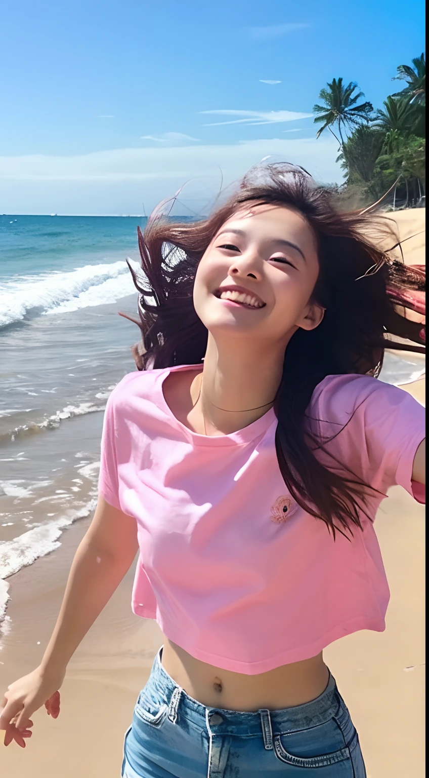 age19 、Energetic college girl 、Pink T-shirt 、Beautie 。sand beach、Feeling of movement