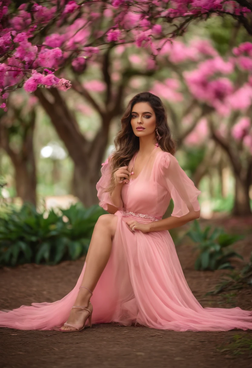 Mulher branca, cabelos pretos e longos, olhos castanhos, blusa rosa em parque com arvores floridas