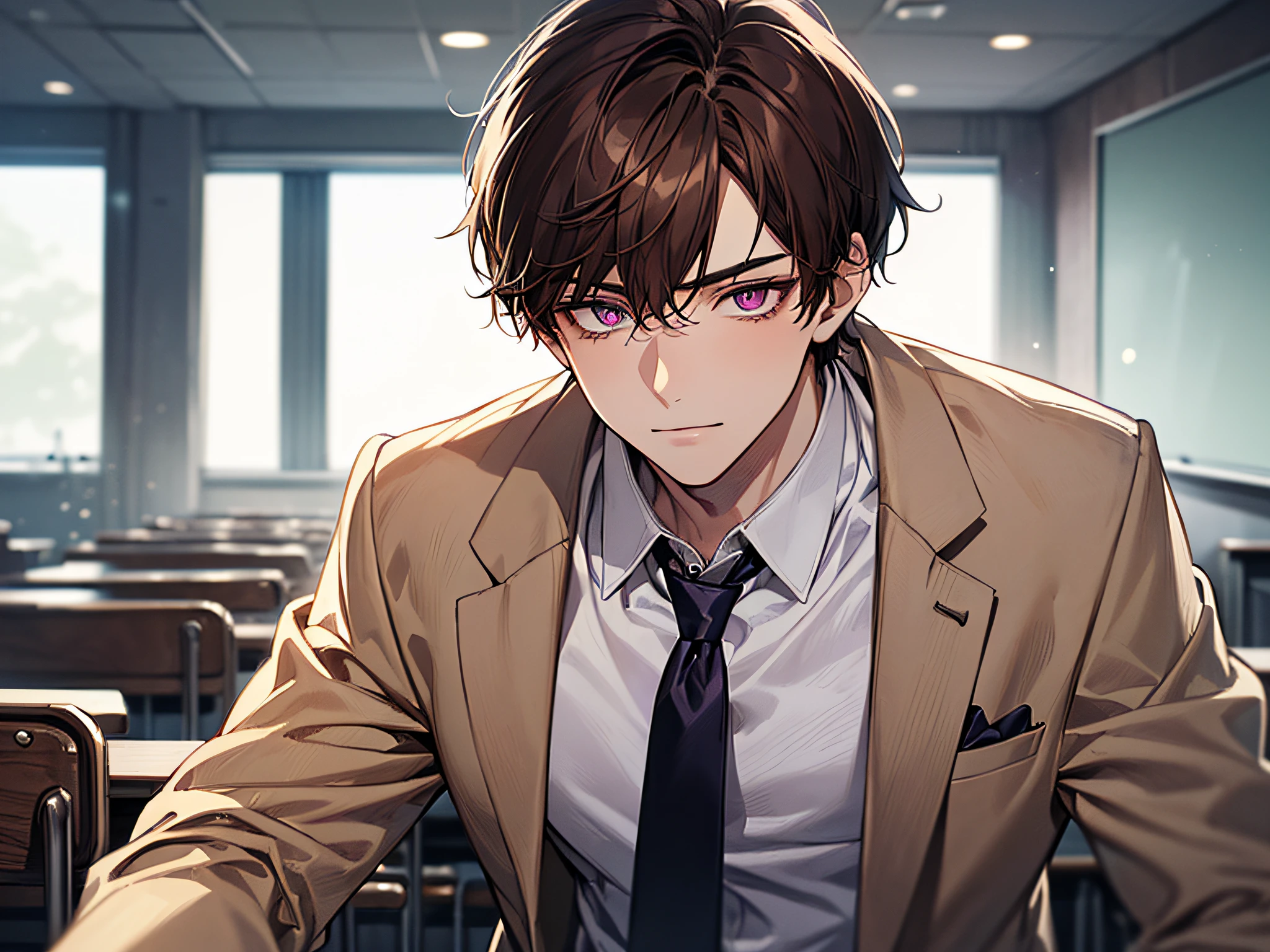 (((((solo)))),24-year-old boy, Warm skin, Pupil Purple, Mature Face, head portrait, Brown hair, Short hair, Facial Focus, Adult, Business Suit, Jacket, White shirt, tie, Pants, Best Quality, Facial details.,Classroom,Sharp eyes