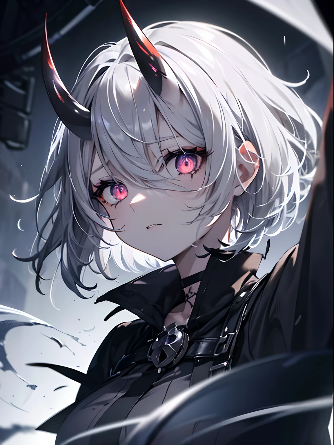 (masterpiece,best quality,ultra-detailed),1girl,grey hair,short hair,messy hair, glowing eyes,oni horns,hair over eye,eye covered in hair,((grey theme)),in a dark cave,(night),((medium shot)), looking at viewer, tattoo face