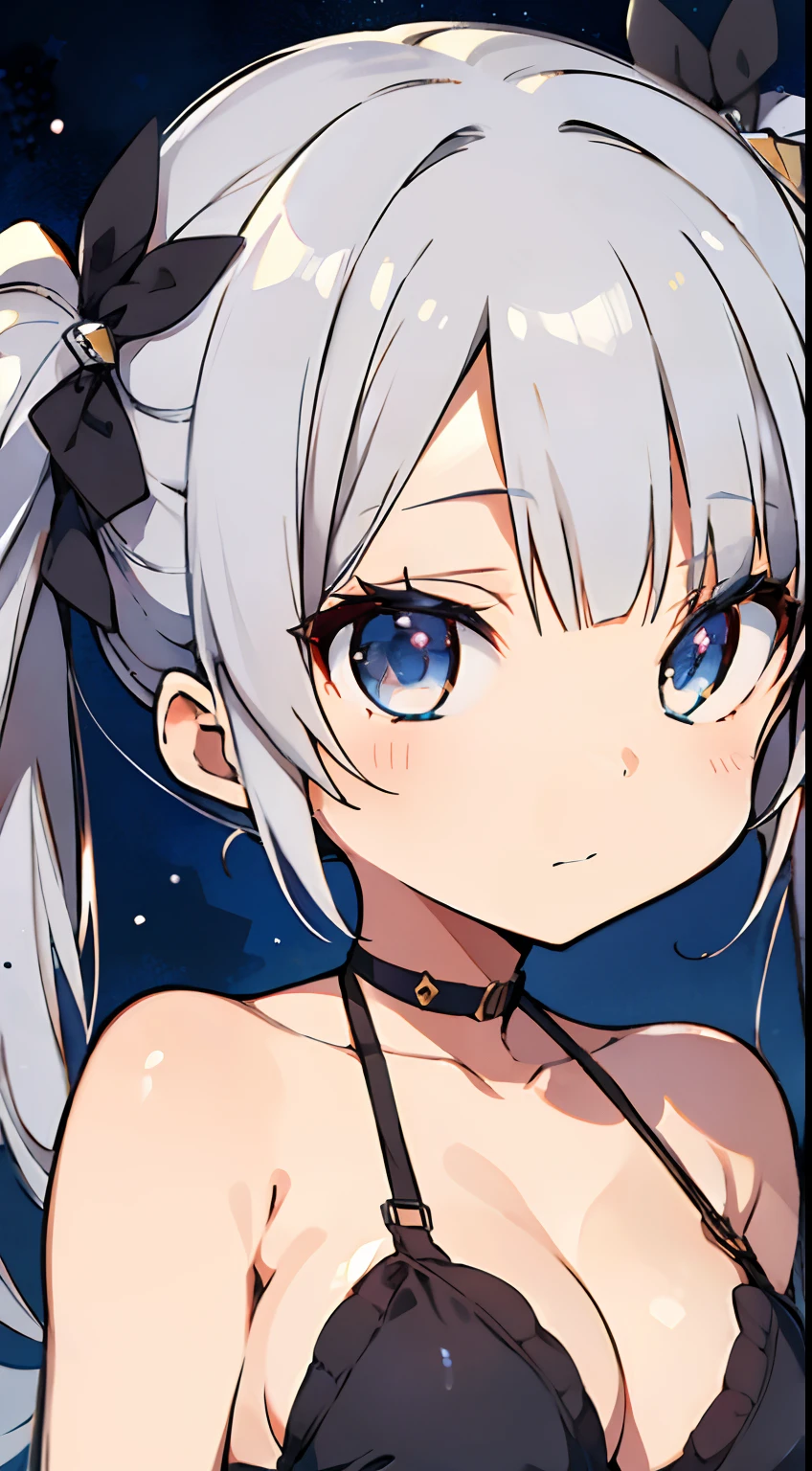 (NSFW),masutepiece, Best Quality, Ultra-detailed,(Lori),sel anime,anime moe art style,animated style illustration, (Beautiful eyes), ((Cute)), Cute, (lovely),Shiny skin,超A high resolution,1 girl,Blunt bangs,Twintail,((Silver hair)),small tits,the beach(You need to show off your black bikini to the audience),detailed tits,de pele branca,Beautiful cleavage