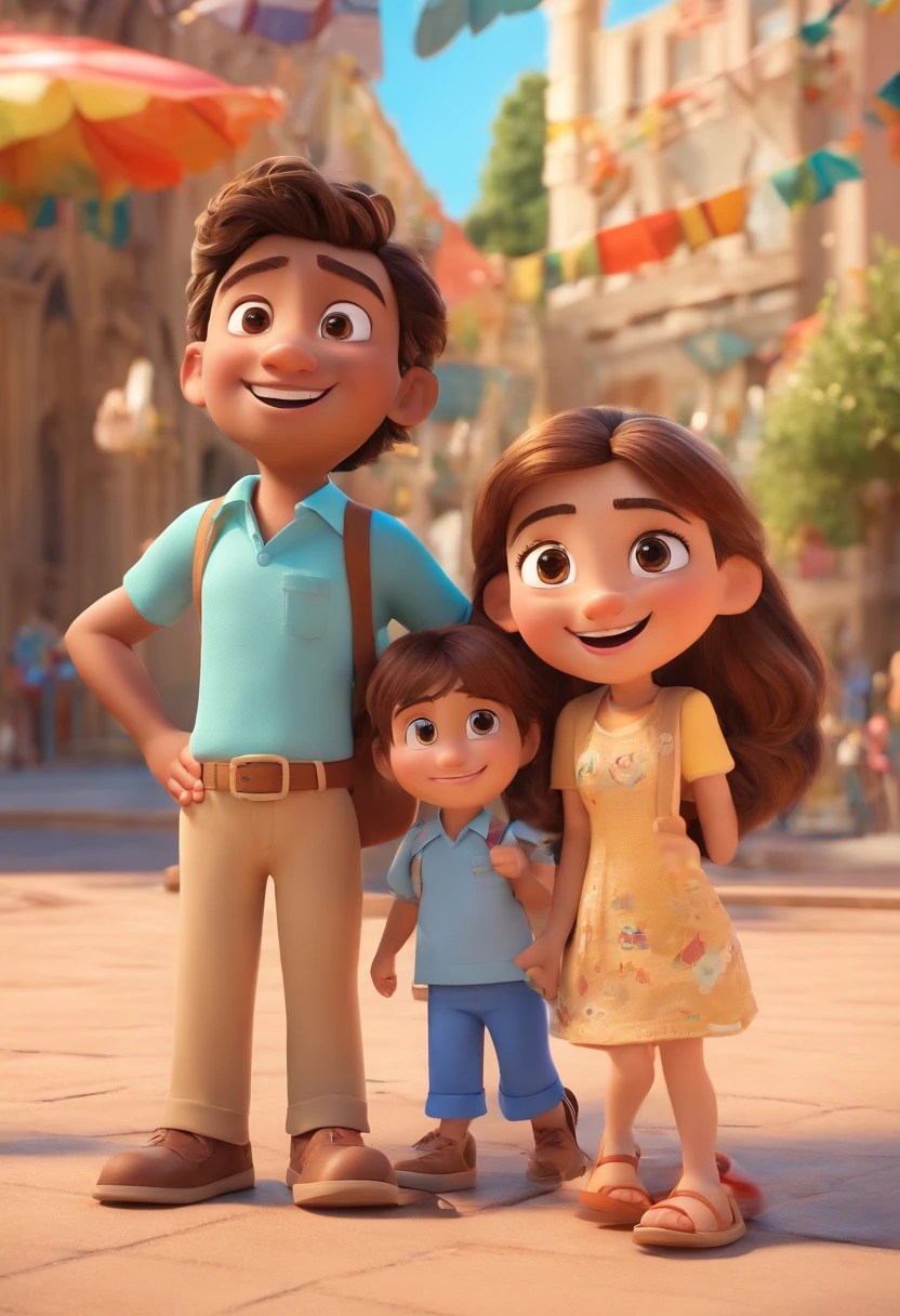 Cartoon of friends having fun on vacation together,  3D Animation Movie Poster, Poster de filme animado, pixar 3 d animation style, pixar renderman rendering, maia 8 mil, animated film, Disney Pixar Estilo 3D, amigos felizes saem juntos, all wearing light blue shirts and cream brown long pants, camisa azul clara, cream brown pants, ao ar livre, vacation, Disney Pixar Animation Poster