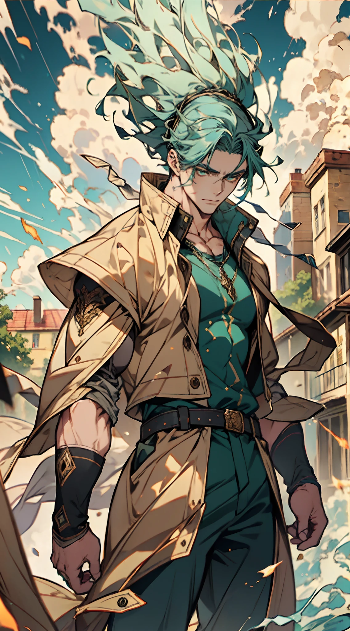 A middle-aged man, dark green long hair, wildly disheveled and exaggerated hairstyle, a headband, no eyebrows, a stern gaze, a well-defined facial structure, a tall and muscular physique, a fantasy-realistic style outfit, only a half-length windbreaker coat, sleeveless, revealing sturdy abdominal muscles, wearing wrist guards, matching trousers with the outfit, standing like a deity, dark clouds gathering in the sky, flashes of lightning and thunder, wild winds swirling around, this character embodies a finely crafted fantasy-style wild overlord in anime style, characterized by an exquisite and mature manga illustration art style, high definition, best quality, highres, ultra-detailed, ultra-fine painting, extremely delicate, professional, anatomically correct, symmetrical face, extremely detailed eyes and face, high quality eyes, creativity, RAW photo, UHD, 8k, Natural light, cinematic lighting, masterpiece-anatomy-perfect, masterpiece:1.5