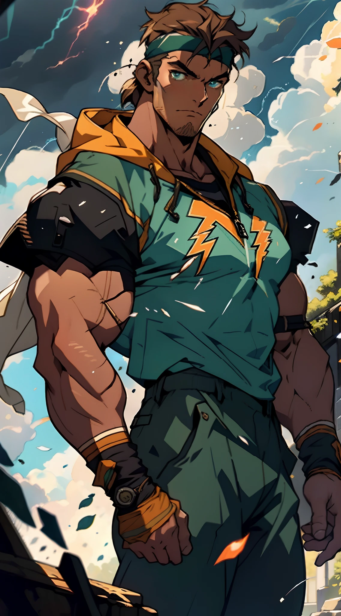 A middle-aged man, dark green long hair, wildly disheveled and exaggerated hairstyle, a headband, no eyebrows, a stern gaze, a well-defined facial structure, a tall and muscular physique, a fantasy-realistic style outfit, only a half-length windbreaker coat, sleeveless, revealing sturdy abdominal muscles, wearing wrist guards, matching trousers with the outfit, standing like a deity, dark clouds gathering in the sky, flashes of lightning and thunder, wild winds swirling around, this character embodies a finely crafted fantasy-style wild overlord in anime style, characterized by an exquisite and mature manga illustration art style, high definition, best quality, highres, ultra-detailed, ultra-fine painting, extremely delicate, professional, anatomically correct, symmetrical face, extremely detailed eyes and face, high quality eyes, creativity, RAW photo, UHD, 8k, Natural light, cinematic lighting, masterpiece-anatomy-perfect, masterpiece:1.5