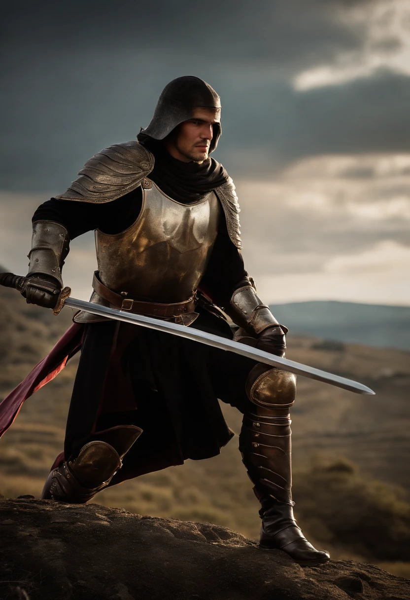 (melhor qualidade,4k,8k,Altas,master part:1.2),ultra-detalhado,(Realistic,fotorrealista,photo-realistic:1.37),Blond man in black clothes with medieval watch,armadura mandaloriana,armadura brilhante, guerreiro,rosto lindamente detalhado,sharp facial features,olhos expressivos,Determined expression,Macho,postura heroica,dramatic lighting,fundo aventureiro,paisagem de fantasia,atmosfera mal-humorada,vivid colors,Medieval inspiration,metal textures,Epic Battle,historical warrior,combate tradicional,cavaleiro corajoso,Valor,momento triunfante,perspectiva envolvente,Ancient relics,Stoic presence,ancient ruins,Mystical aura,aura poderosa,Esgrima,guerreiro habilidoso,gravuras de armadura,combate intenso,pose majestosa,detalhes ornamentados,pontaria,Authentic costumes,figura imponente,Legendary fighter,honra e Valor,brilho lustroso,atmosfera de pressentimento,timeless hero,Uncompromising spirit, Armadura Medieval, Capacate de Cavaleiro Europeu; Carregando dois sabres de luz do Kylo Ren, Dual Wielding, Dois sabres de luz vermelho brilhantes, sabres vermelhos brilhando flamejantes, pose com as duas espadas