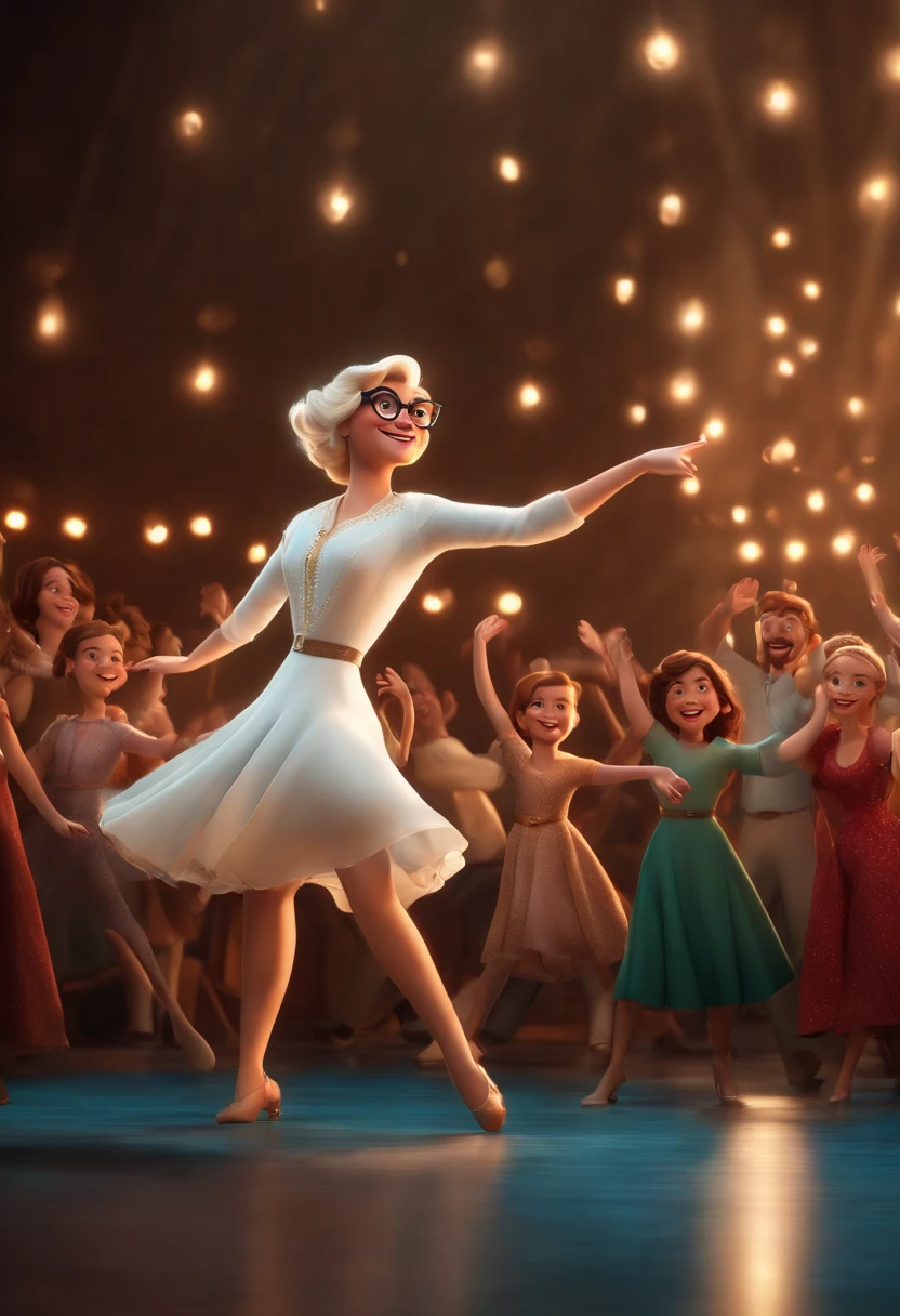 "(best quality,ultra-detalhado,Realistic:1.37),3D rendering,illustration,design de personagens,cabelos curtos e cacheados escuros,belos olhos detalhados,wearing white glasses,Estilo Pixar,morena mulher,Dancing on the Disney stage,atmosfera animada,vivid colors,luzes de palco,expression joyful"