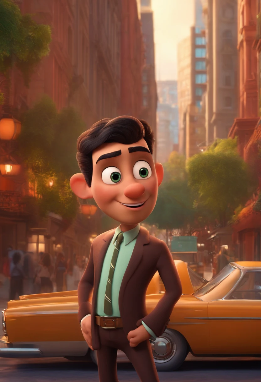 A city councilman looking at a dream project inspired by Pixar animation, de perto. The character takes center stage with captivating facial expressions, oferecendo um toque de irrealidade