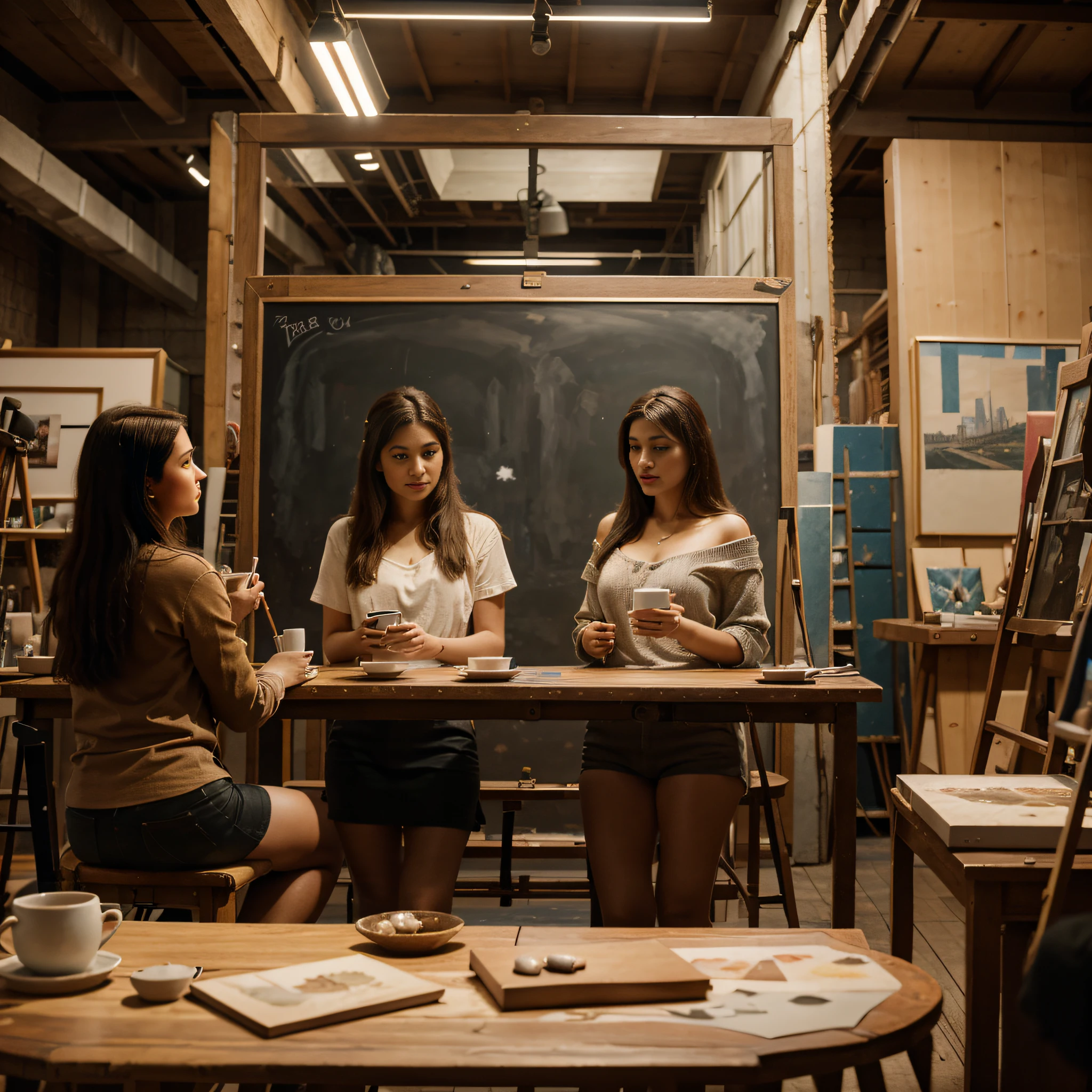 8K UHD photograph: people chatting with mugs in hand at tableas in a painting studio. Behind them, paintings and drawings hang.