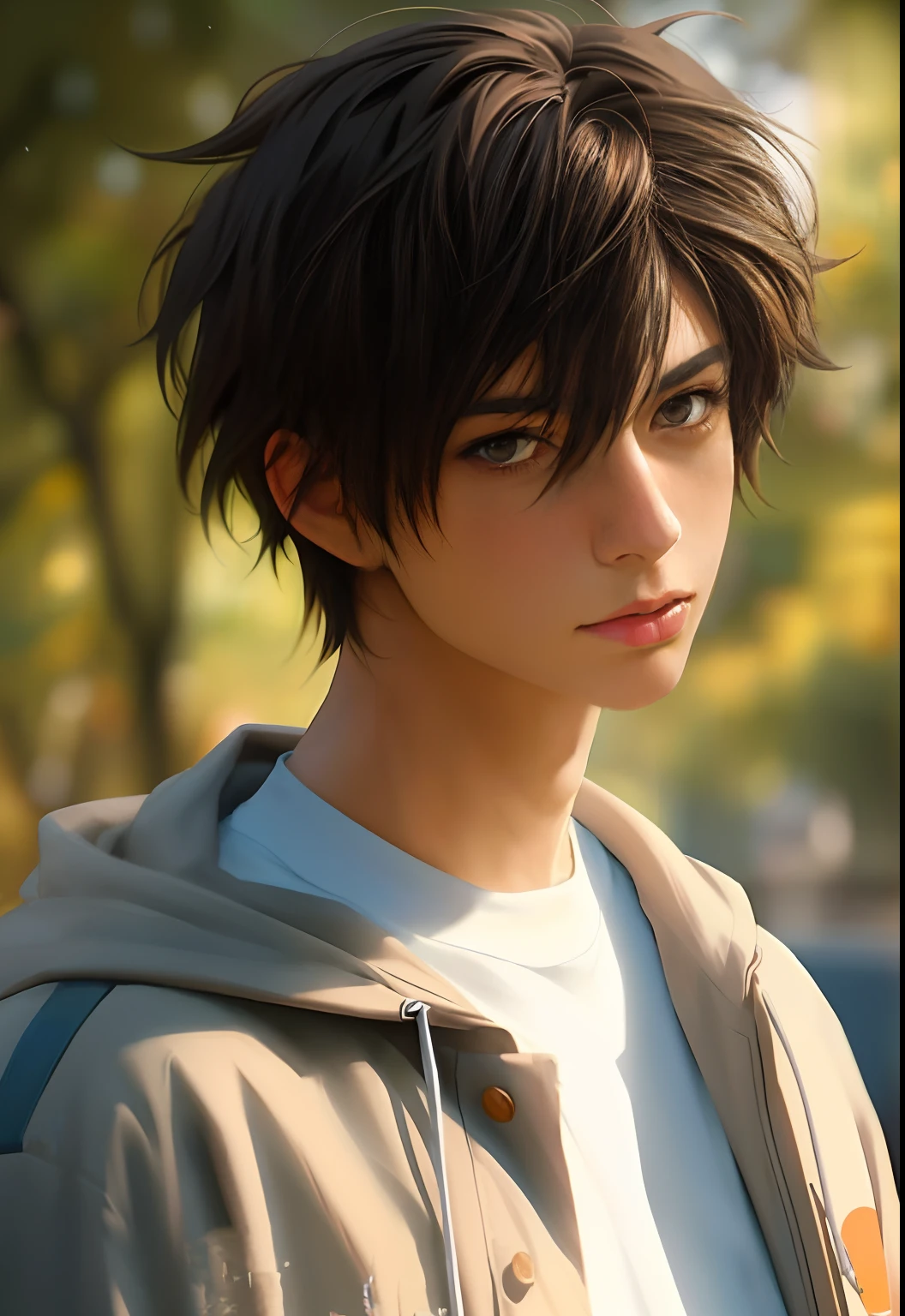 anime boy with a brown jacket and a white shirt, realistic anime 3 d style, anime realism style, artwork in the style of guweiz, realistic anime artstyle, smooth anime cg art, anime boy, semirealistic anime style, makoto shinkai. digital render, 3 d anime realistic, detailed digital anime art, young anime man