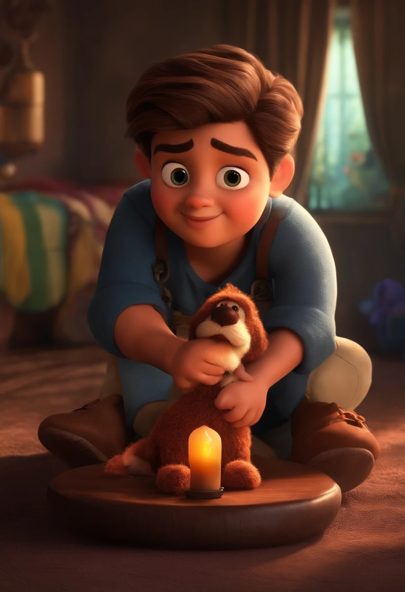 I'd like to create a Disney Pixar style animation , personagem principal  um menino de aproximadamente 6 anos rindo ,With a puppet in his hand