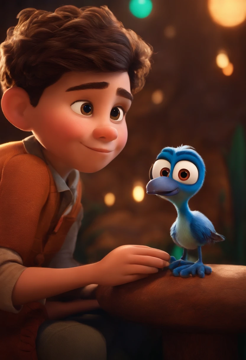 I'd like to create a Disney Pixar style animation , personagem principal  um menino de aproximadamente 6 anos rindo ,With a puppet in his hand