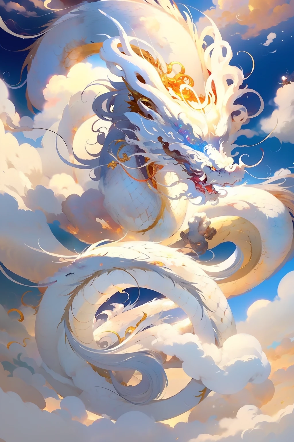 White Dragon，on clouds，Fire and sun on background、Golden Dragon、Silver Dragon、Shenmu Longhui、gentle