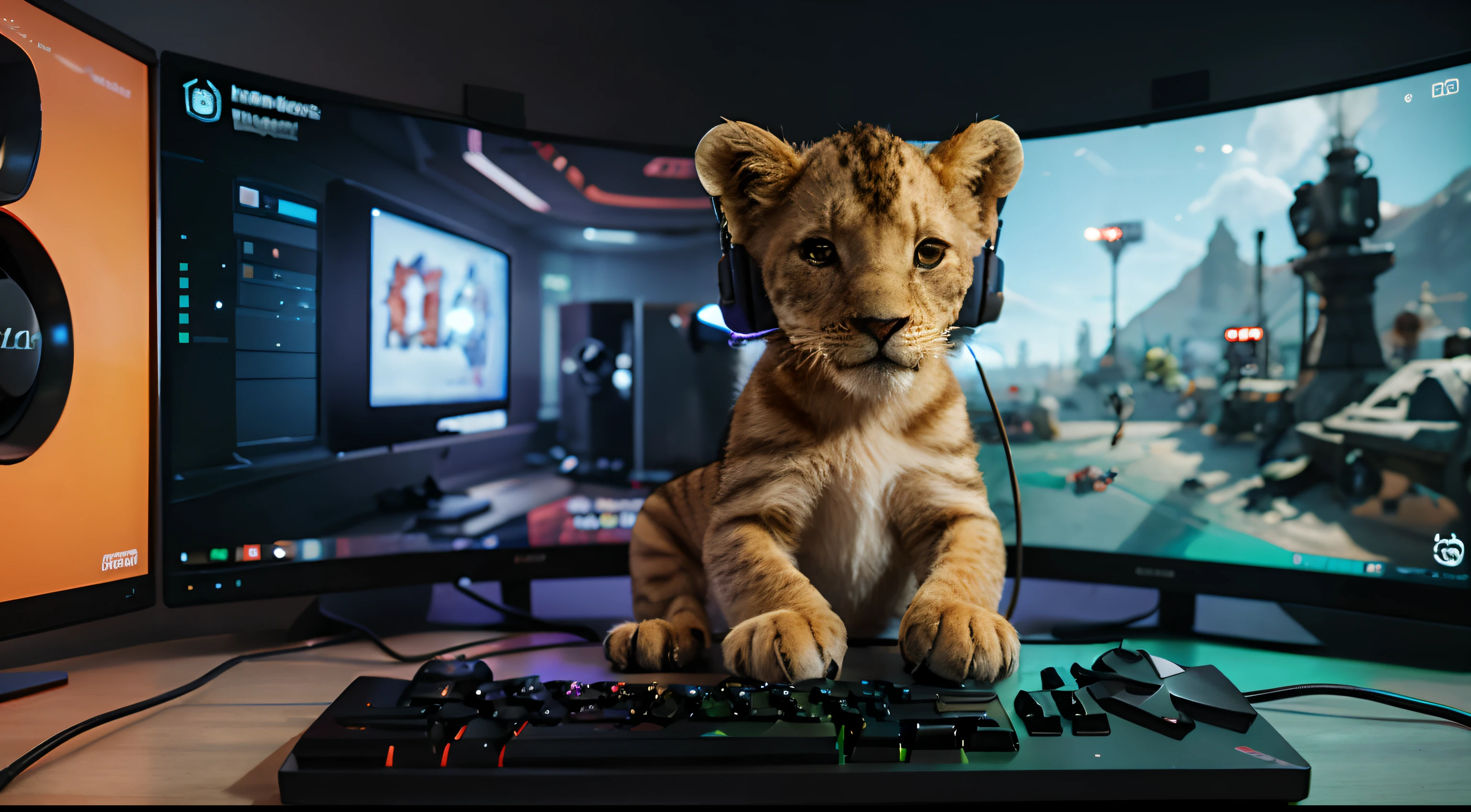 Cartoon lion cub gaming Computer with a Headset