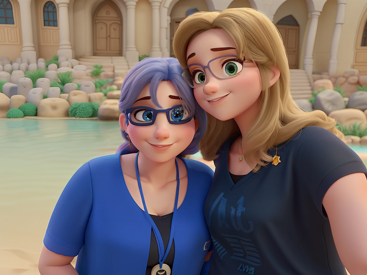 Duas mulheres de meia idade em frente a uma fonte estilo disney pixar alta qualidade, melhir qualidade