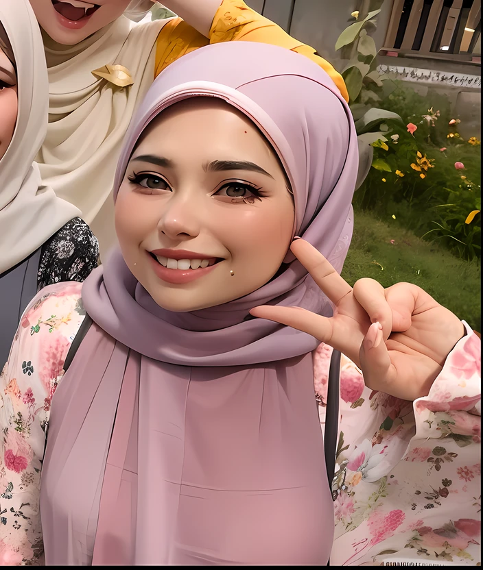three women in hijabs are posing for a picture, picture, malaysian, inspired by Naza, friedly smile, old picture, faridah malik, inspired by Nazmi Ziya Güran, she is 2 3, 2 8 years old, happy expression, 2 7 years old, student, sie boob, 3 0 years old woman