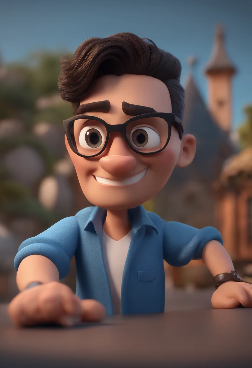 Cartoon character of a man with black glasses and a blue shirt, animation character, Caractere estilizado, animation style rendering, 3D estilizado, Arnold Maya render, 3 d render stylized, toon render keyshot, Personagem 3D, Personagem 3D, 3d rendering stylized, 3 d character render, personagem de desenho animado, Personagem de close up, Pose de personagem, (Estilo Pixar) (master part:1.2) (Bokeh) (best quality) (pele detalhada) (textura detalhada) (8k) (argila) (Cinematic lighting) (foco nítido
