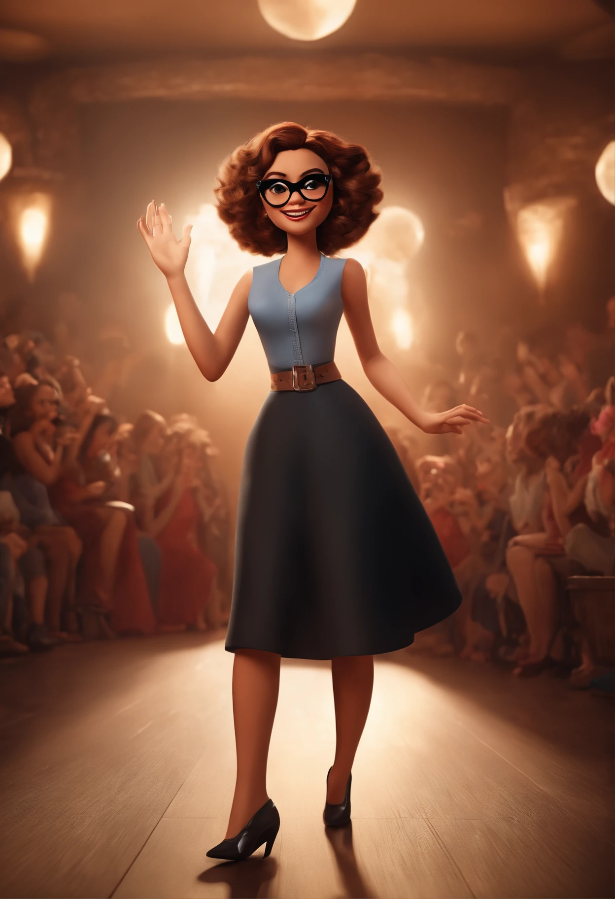 "(best quality,ultra-detalhado,Realistic:1.37),3D rendering,illustration,design de personagens,cabelos curtos e lisos vermelho escuro,belos olhos detalhados,wearing black glasses,Estilo Pixar,branca mulher,Dancing on the Disney stage,atmosfera animada,vivid colors,luzes de palco,expression joyful",com uma camera fotografica nykon.