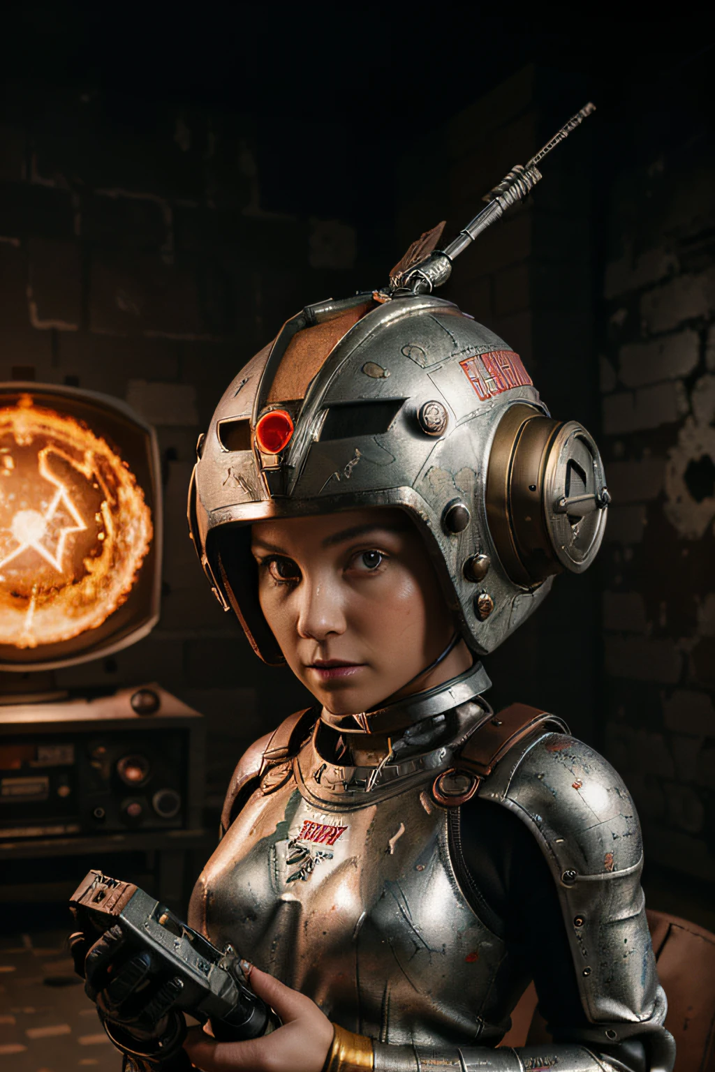 A toon Crazy whit a Big ONE a Only RED Eye Robot CCCP Soviet, and helmet Style, tongs in hands, Tv head, pinhead, camouflage Gold Silver Pink Rusty, Ambient in a meteorite crater super detailed, center, beautiful, soft lighting, focused on the character, 4K resolution, photorealistic rendering,