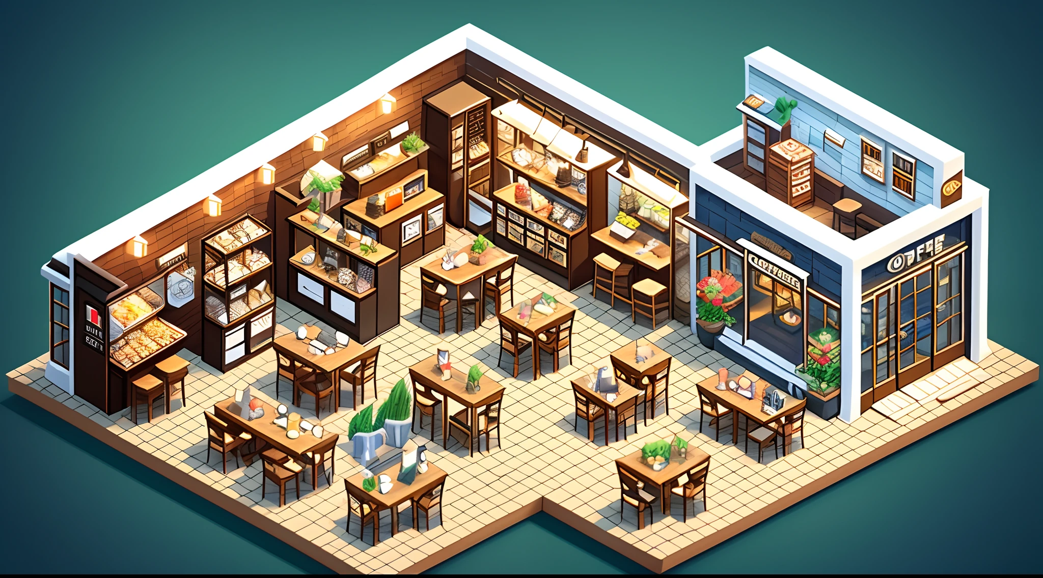 Coffee shop, miniature scene, simulation business game, orthogonal perspective, isometric perspective, realistic style,