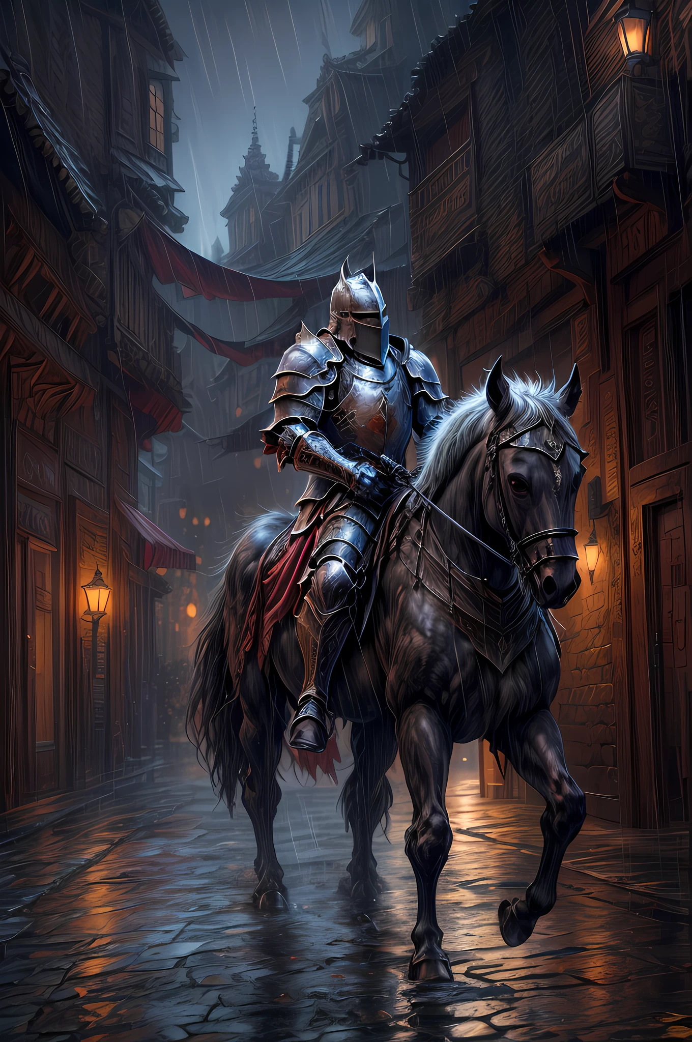 fantasy art, RPG art, high details, best quality, 16k, RAW, [best detailed], masterpiece, best quality, (extremely detailed), (full body: 1.2), ultra wide shot, photorealistic, a (noble knight: 1.3) rides his horse in the dark streets of a medieval town, its raining heavy rain, the rain drops on the noble knight, drops on the street, puddles in the street,  the  knight wears (heavy armor :1.3), wearing helmet, armed with a (intricate sword: 1.3), the street is dark, lit by torches, a (fantasy temple: 1.2) in the background, fantasy urban town setting, cloudy night, full red moon,