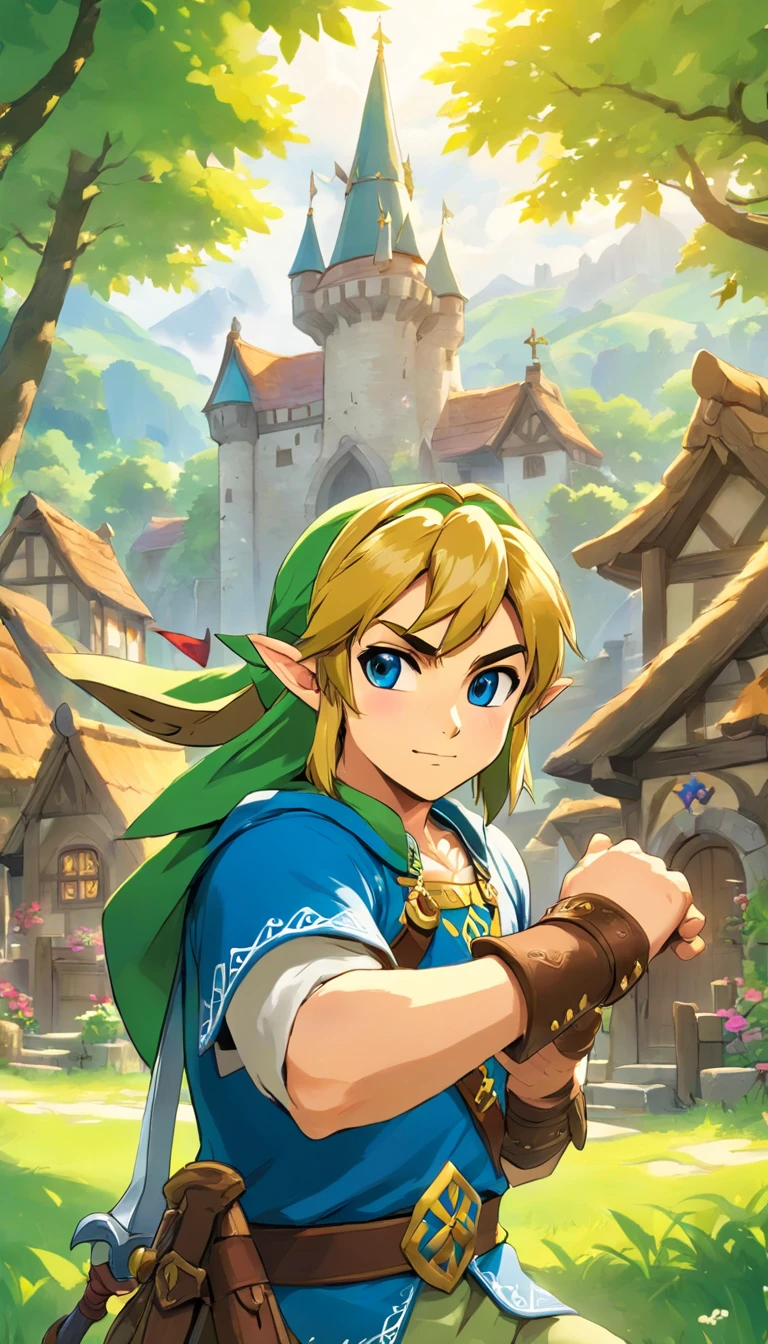 A king in a village, with vibrant colors, Zelda-style manga, Ghibli style, feeling of peace and tranquility, anime, ultra realistic 4k