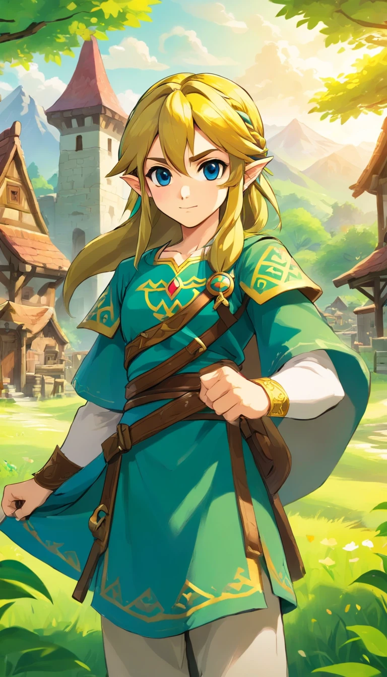 A king in a village, with vibrant colors, Zelda-style manga, Ghibli style, feeling of peace and tranquility, anime, ultra realistic 4k