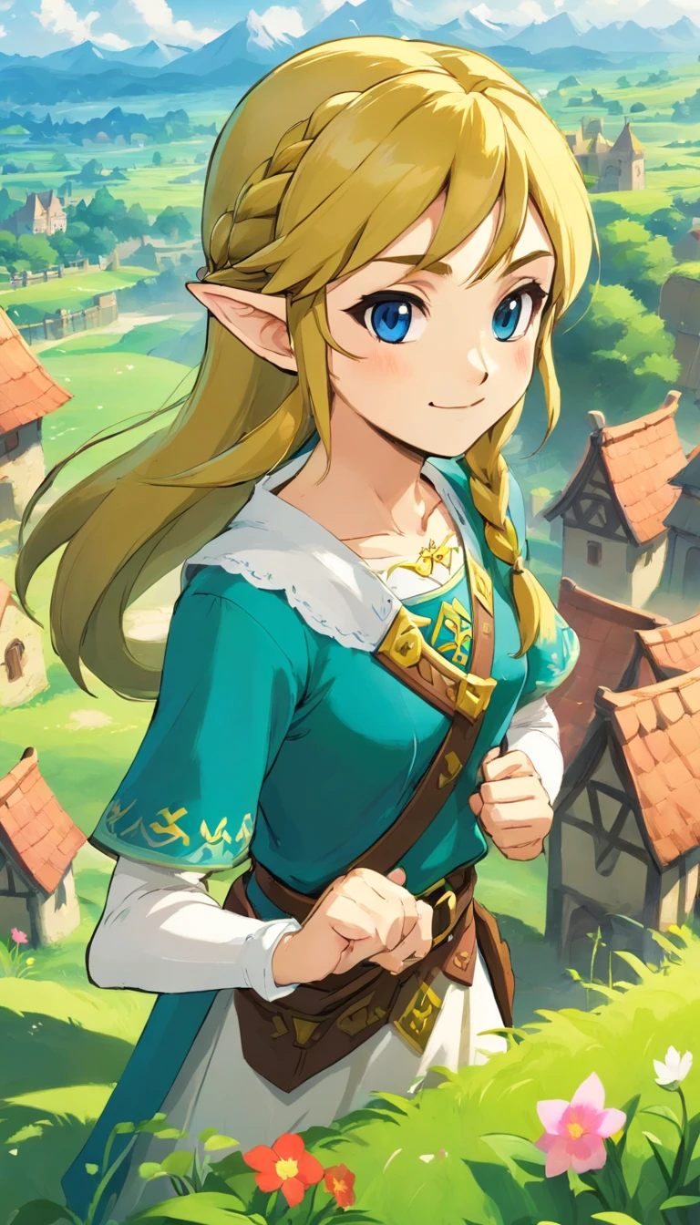A king in a village, with vibrant colors, Zelda-style manga, Ghibli style, feeling of peace and tranquility, anime, ultra realistic 4k