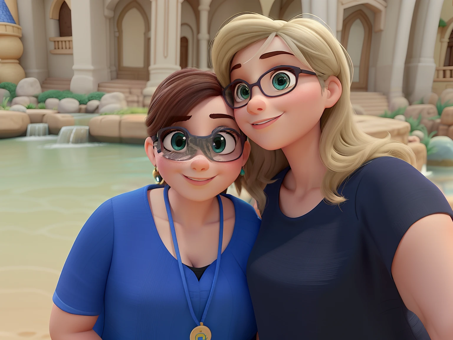 Duas mulheres de meia idade em frente a uma fonte estilo disney pixar alta qualidade, melhir qualidade