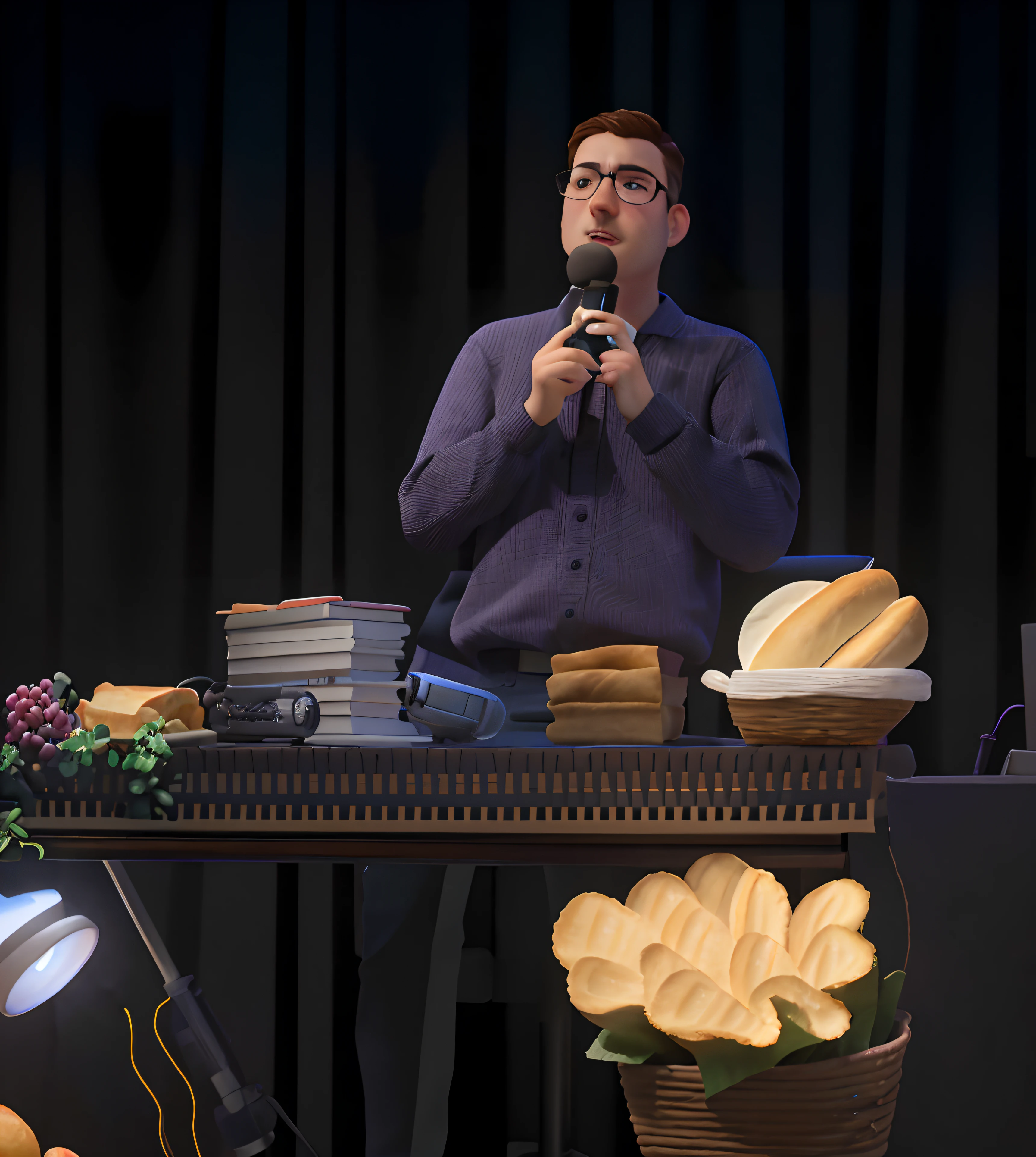 Man wearing glasses,standing on a desk,falar ao microfone,cartaz estilo Disney Pixar,with bread and grapes,(best quality,4k,8k,Altas,master part:1.2),(Realistic,fotorrealista,photo-realistic:1.37),vivid colors,studio lighting,Estilo Retrato,Paleta coloful,stage lighting