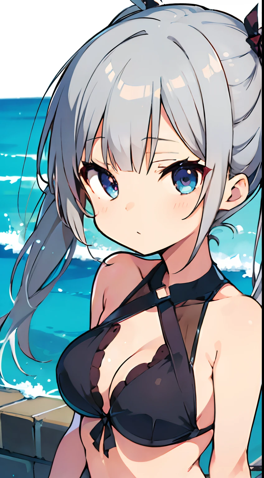 shiroko_bluearchive,slim, dizzy, big-chest, wide hips, perfect waist, outside, on the beach,slingshot swimsuit