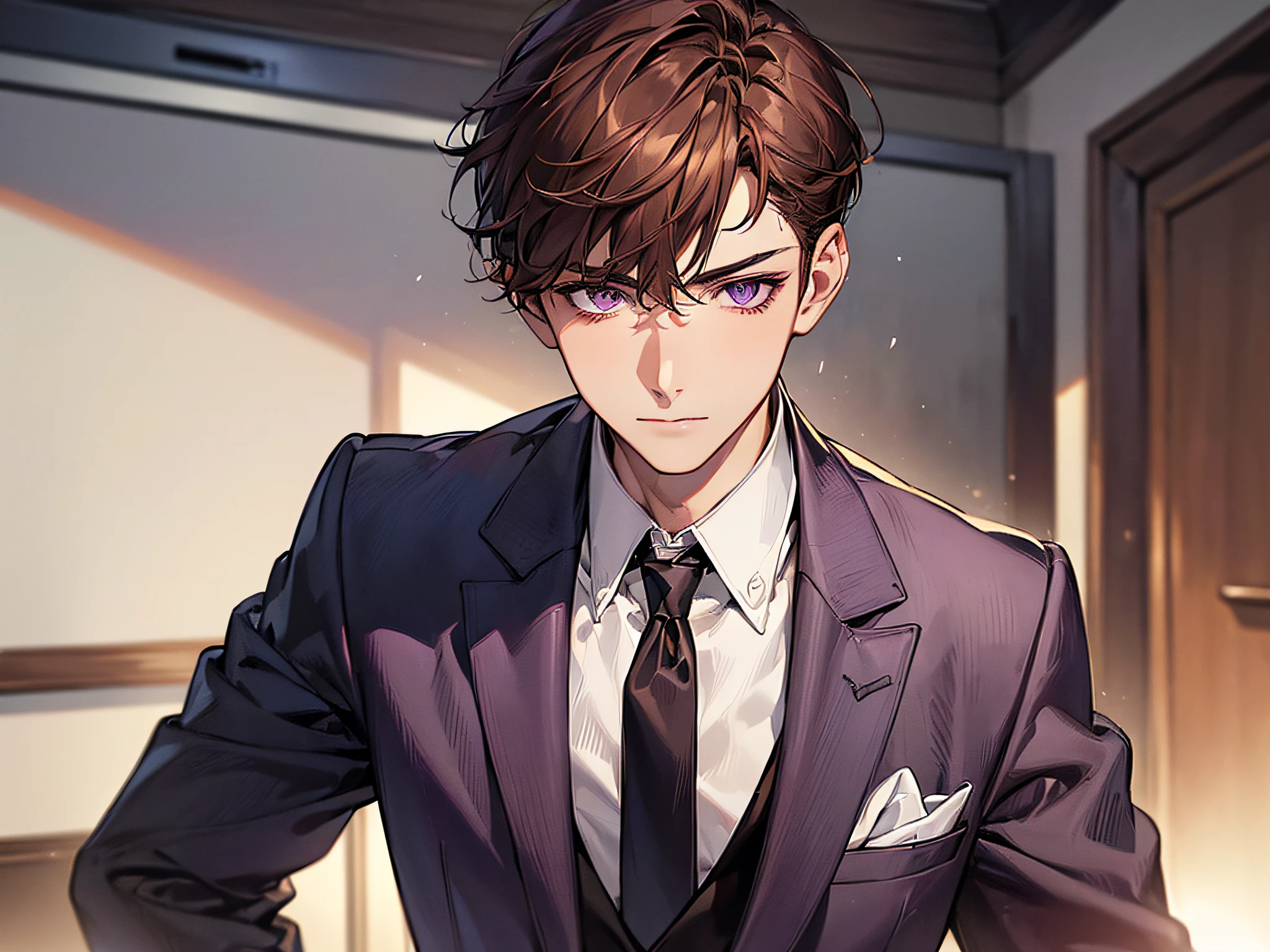 (((((solo)))),24-year-old boy, Warm skin, Pupil Purple, Mature Face, head portrait,,Male Focus, Looking at Viewer, upper body ,Brown hair, Short hair, Facial Focus, Adult, Business Suit, Jacket, White shirt, tie, Pants, Best Quality, Facial details.,Classroom,Sharp eyes
