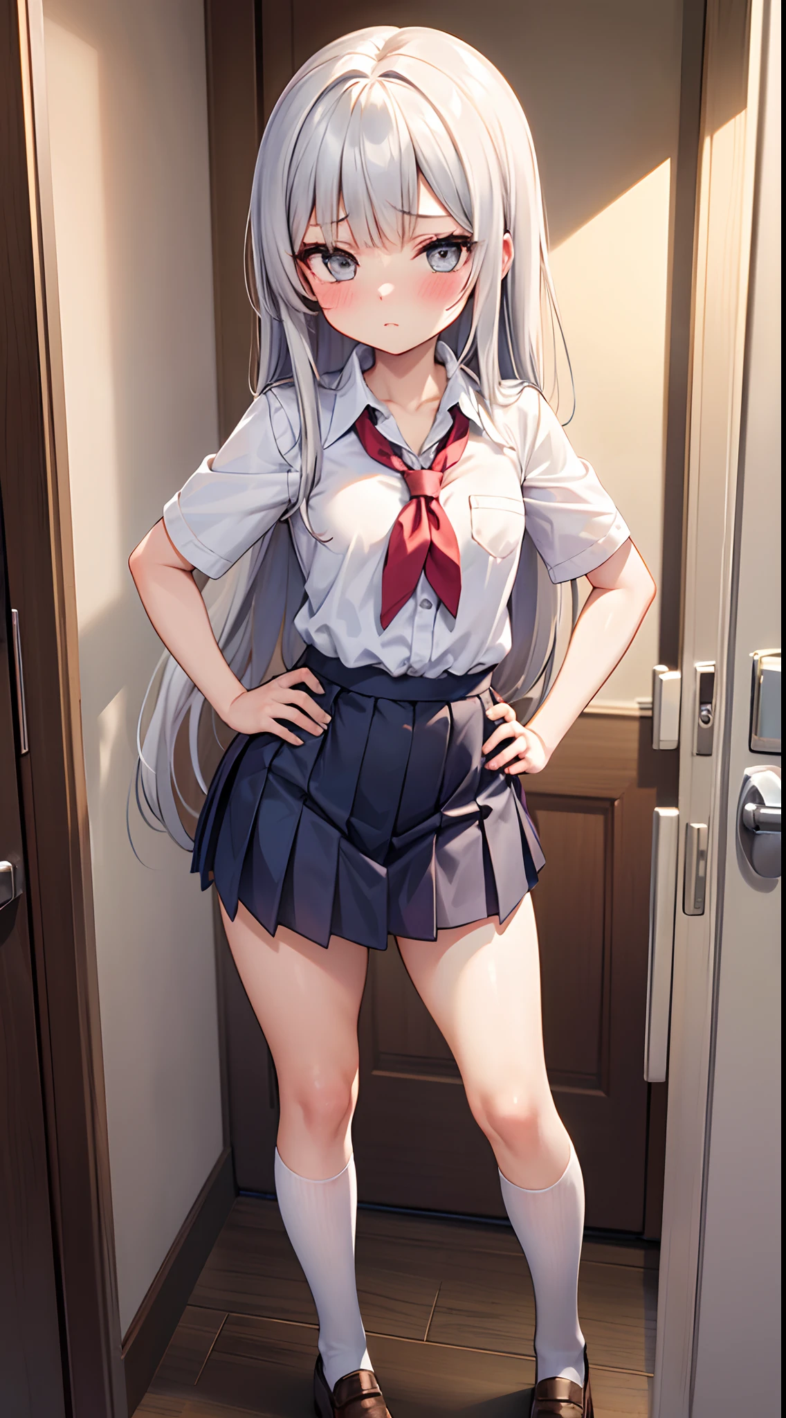 Azur Lane Ayanami、table top、High resolution、2 people、2 people girl、twins、2 cute girls、big and full breasts、naughty body、underwear only、See-through、pink lingerie、throw、kneel down、kneel down、Look up at me、confused face、blush、black pantyhos、navy check skirt、micro mini skirt、very short skirt、Department store、shop、Many people々、in the crowd、bare chest、show your chest、circle