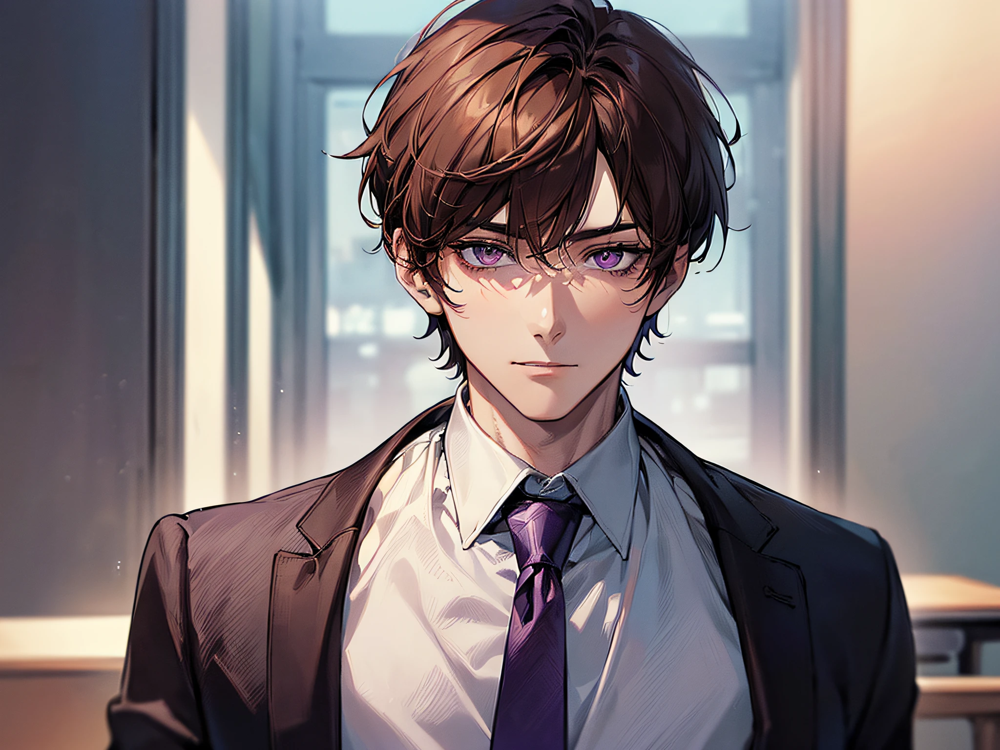 (((((solo)))),24-year-old boy, Warm skin, Pupil Purple, Mature Face, head portrait,,Male Focus, Looking at Viewer, upper body ,Brown hair, Short hair, Facial Focus, Adult, Business Suit, Jacket, White shirt, tie, Pants, Best Quality, Facial details.,Classroom,Sharp eyes
