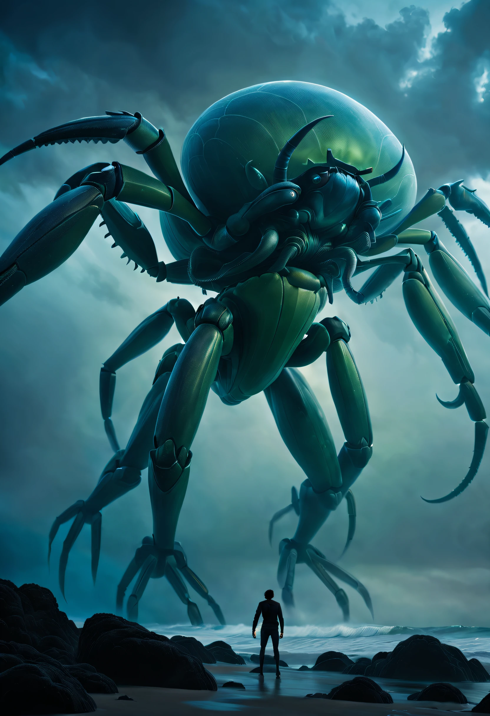 （A giant crab stands in the fog and stares fiercely at a man begging for help），（a creature 5 meters tall:1.0），（Huge white eyes are unusually bright：1.37）（The thick legs of two giants stand on the reef） ，（The shell is dark green），, （Dark blue wide oval abdomen）, （Very hard and thick shell texture）， (There are a pair of large protruding compound eyes：0.8），（Unusually long and flexible antennae：1.1），（The length is about 1/3 The width of the crab's body：0.5） ，（There is a small pair of pliers on the top of the head），（Fresh fluff：0.8）， giant ethereal creature,The texture is clear， （People who ask for help：1.37），（Deep blue lightning thundering sky）， 
Background with：nebulous sky，（salama：1.1），（rough sea），（Greatwave），Recife， 真实感，Epic，ultraclear，afterimage, Dutch angle, From below, Sony FE GM, Chiaroscuro, Blurry, hyper HD, Masterpiece, Textured skin, Super detail, High details, High quality, Award-Awarded, Best quality, A high resolution, 8K，Epic，sci-fy，Futuristic fantasy，cotw，thriller