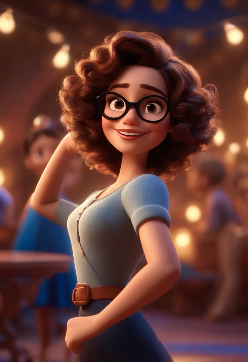 Pixar style image with 3D character white glasses brunette woman short curly hair dancing, Maquiagem Disney,Pescador, bonitinho, sorridente ,Close-up, Pixar, Disney, Cinema lighting,