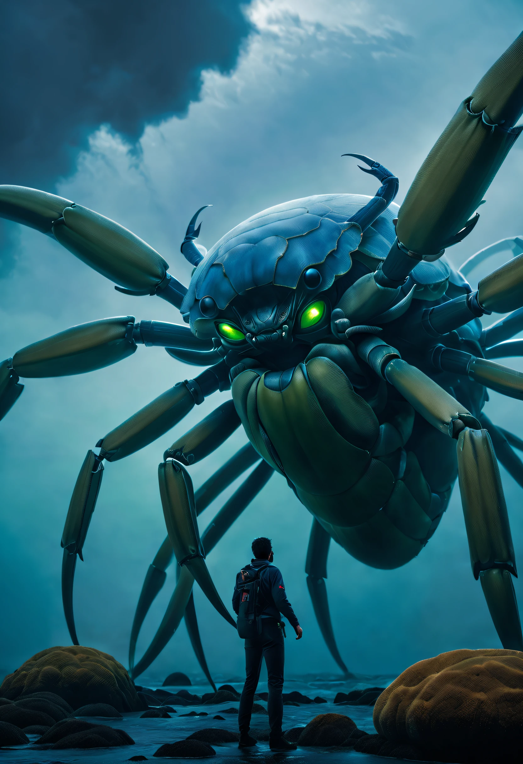 （A giant crab stands in the fog and stares fiercely at a man begging for help），（a creature 5 meters tall:1.0），（Huge white eyes are unusually bright：1.37）（The thick legs of two giants stand on the reef） ，（The shell is dark green），, （Dark blue wide oval abdomen）, （Very hard and thick shell texture）， (There are a pair of large protruding compound eyes：0.8），（Unusually long and flexible antennae：1.1），（The length is about 1/3 The width of the crab's body：0.5） ，（There is a small pair of pliers on the top of the head），（Fresh fluff：0.8）， giant ethereal creature,The texture is clear， （People who ask for help：1.37），（Deep blue lightning thundering sky）， 
Background with：nebulous sky，（salama：1.1），（rough sea），（Greatwave），Recife， 真实感，Epic，ultraclear，afterimage, Dutch angle, From below, Sony FE GM, Chiaroscuro, Blurry, hyper HD, Masterpiece, Textured skin, Super detail, High details, High quality, Award-Awarded, Best quality, A high resolution, 8K，Epic，sci-fy，Futuristic fantasy，cotw，thriller