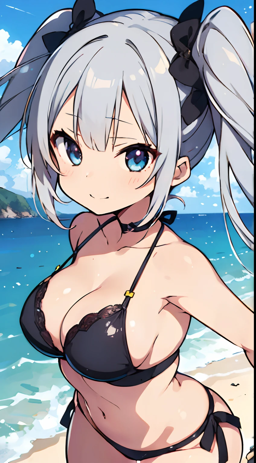 (NSFW),masutepiece, Best Quality, Ultra-detailed,(Lori),sel anime,anime moe art style,animated style illustration, (Beautiful eyes), ((Cute)), Cute, (lovely),Shiny skin,超A high resolution,1 girl,Blunt bangs,Twintail,((Silver hair)),small tits,the beach(You need to show off your black bikini to the audience),detailed tits,de pele branca,Beautiful cleavage