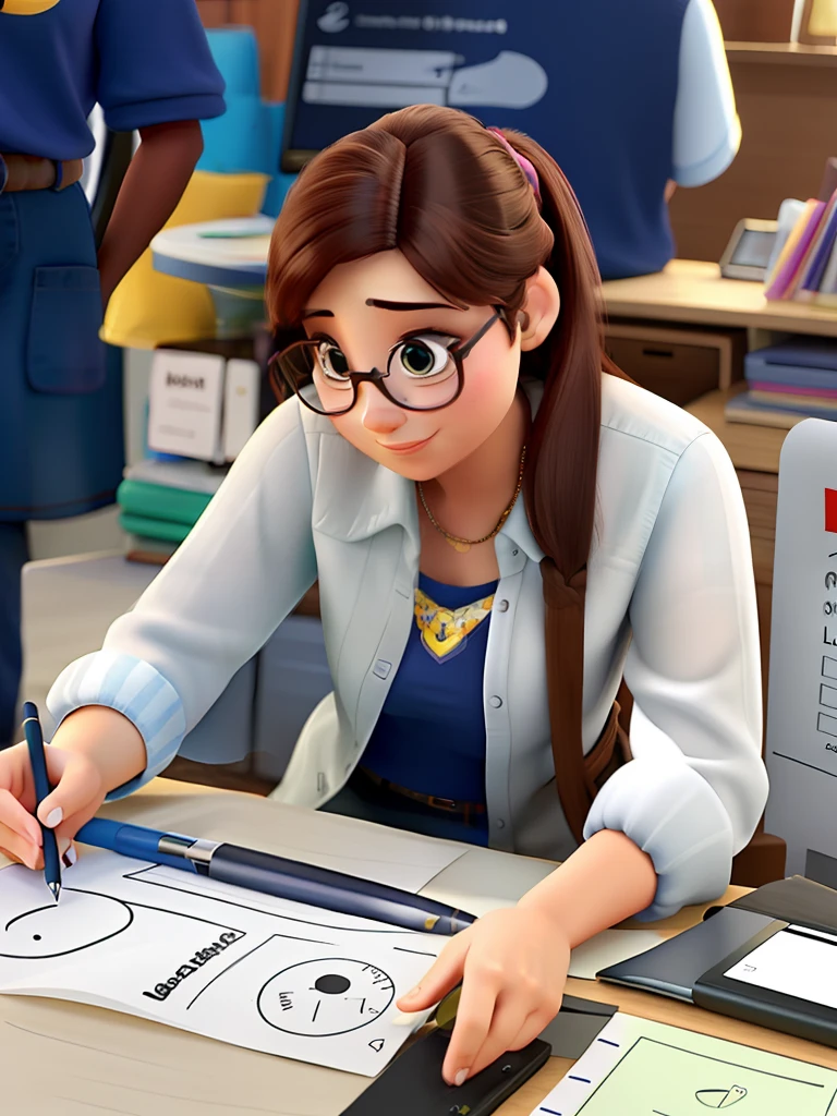 Mulher desenhando com lapiseira, Estilo Pixar