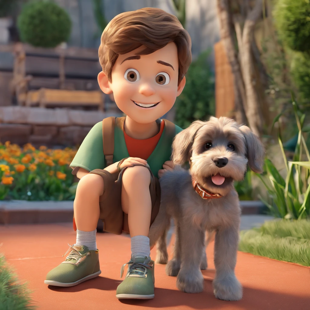 Lucas is a smiling 5-year-old human boy, com seu fiel amigo, Bolt, o cachorro schnauzer, deitados no jardim