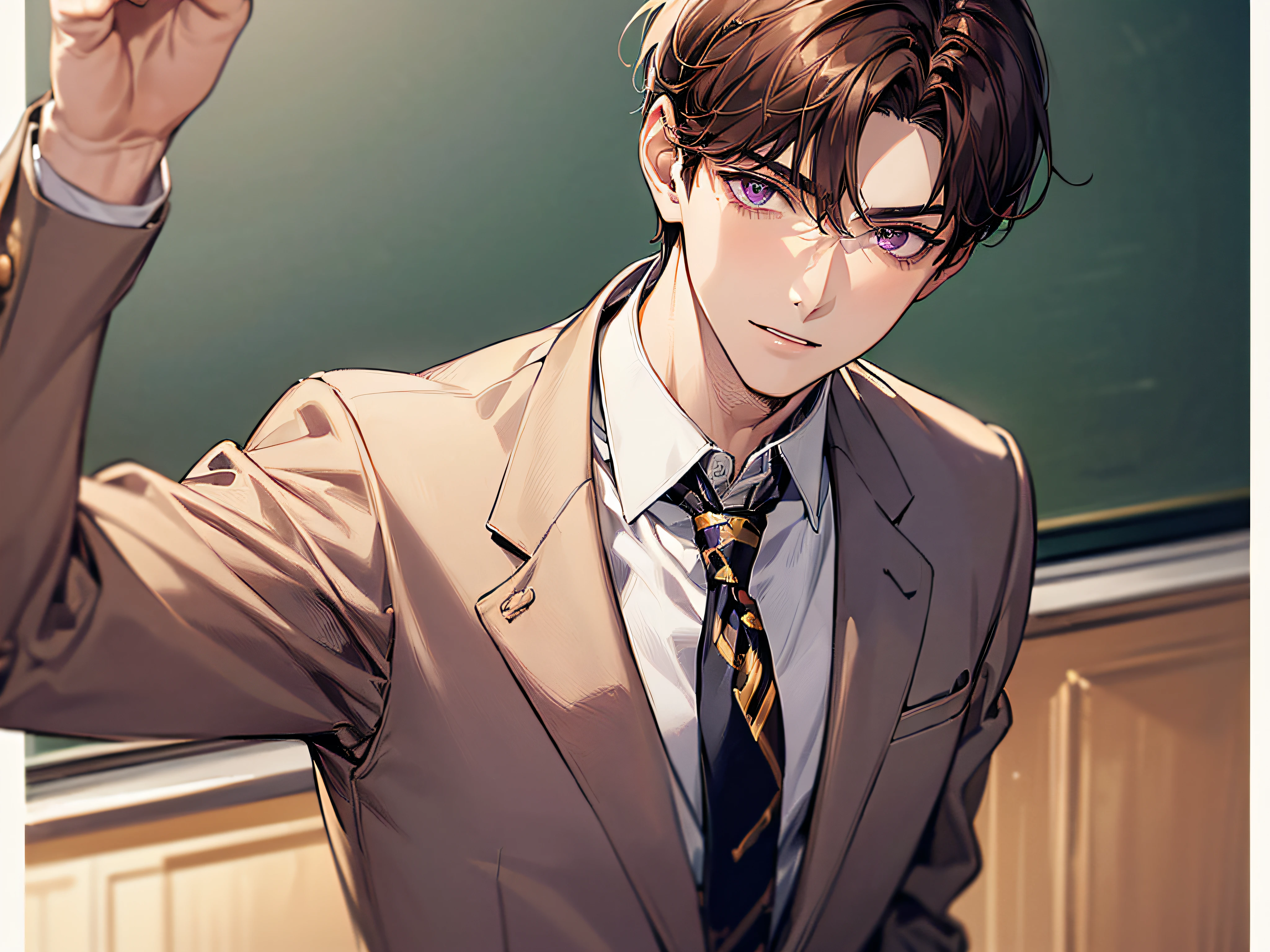 (((((solo)))),24-year-old boy, Warm skin, Pupil Purple, Mature Face, head portrait,,Male Focus, Looking at Viewer, upper body ,Brown hair, Short hair, Facial Focus, Adult, Business Suit, Jacket, White shirt, tie, Pants, Best Quality, Facial details.,Classroom,Sharp eyes