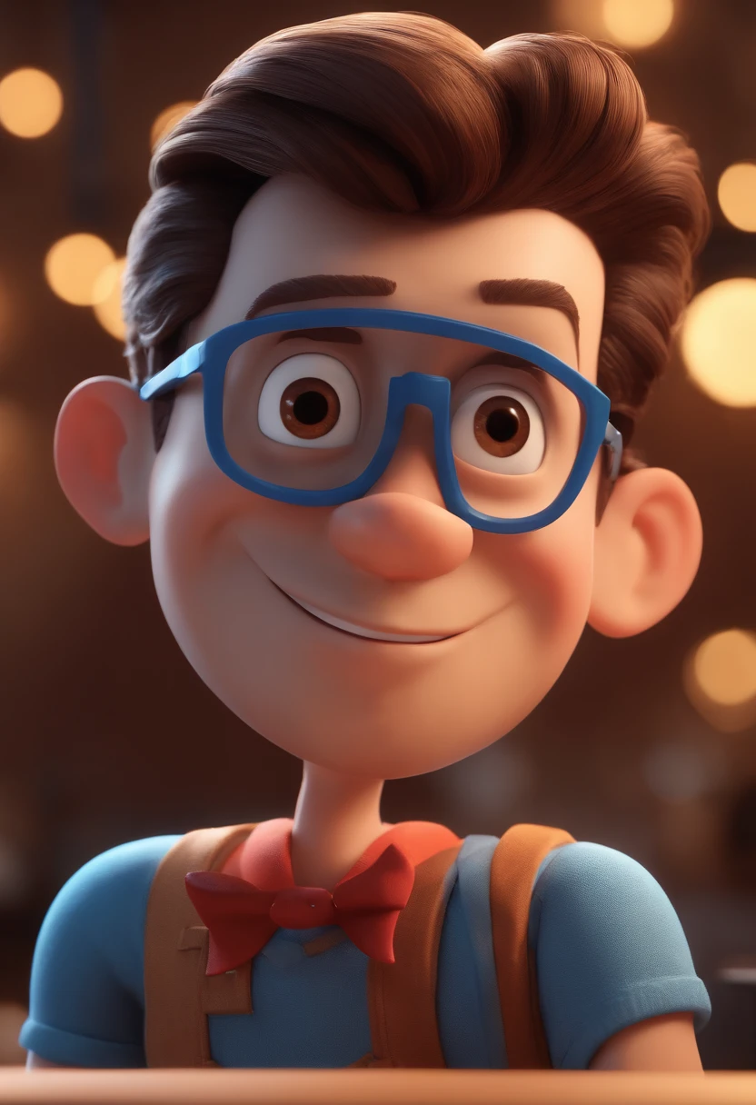 Cartoon character of a man with black glasses and a blue shirt, animation character, Caractere estilizado, animation style rendering, 3D estilizado, Arnold Maya render, 3 d render stylized, toon render keyshot, Personagem 3D, Personagem 3D, 3d rendering stylized, 3 d character render, personagem de desenho animado, Personagem de close up, Pose de personagem,  (Estilo Pixar) (master part:1.2) (Bokeh) (best quality) (pele detalhada) (textura detalhada) (8k) (argila) (Cinematic lighting) (foco nítido