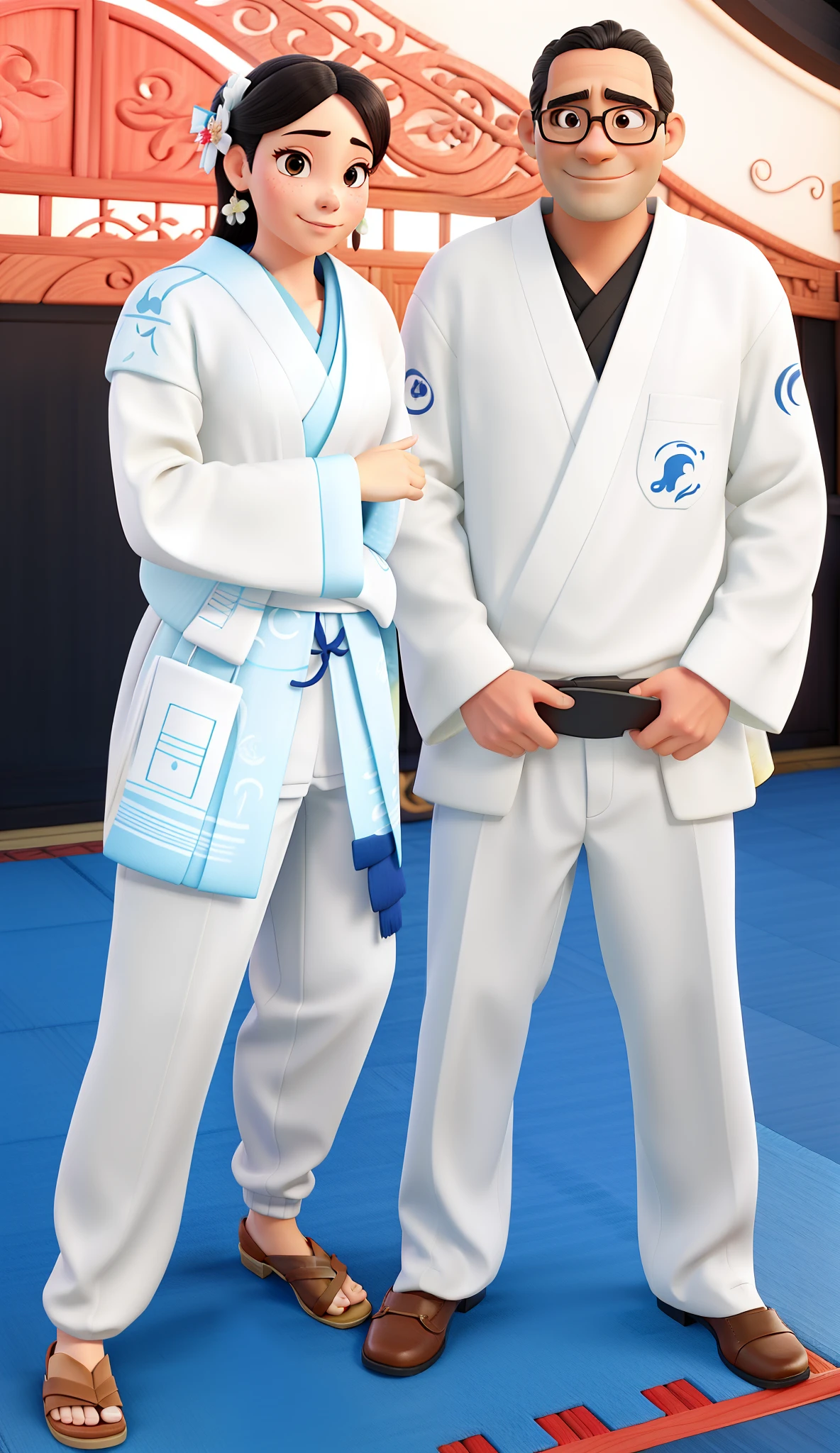 aluna e professor lado lado de kimono branco