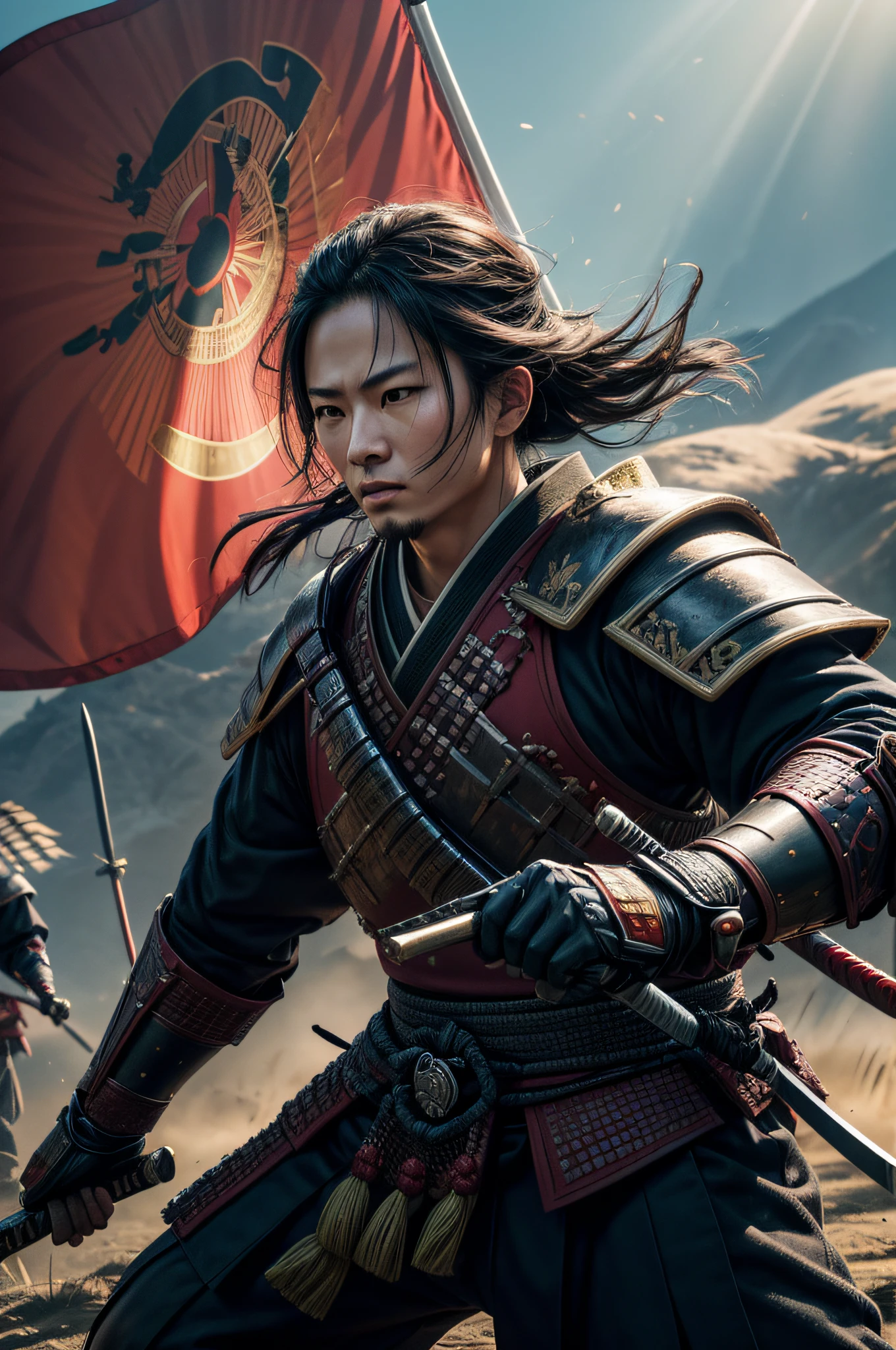 A group of samurai warriors,traditional armor,katana swords,standing,rising sun flag,ready to defend their country,Japanese military,(best quality,4k,8k,highres,masterpiece:1.2),ultra-detailed,(realistic,photorealistic,photo-realistic:1.37),HDR,UHD,studio lighting,sharp focus,physically-based rendering,extreme detail description,professional,vivid colors,bokeh,portraits,landscape,Japanese art style,warriors in action,dynamic composition,deep shadows,sunlight streaming,rays of light,contrast between light and darkness