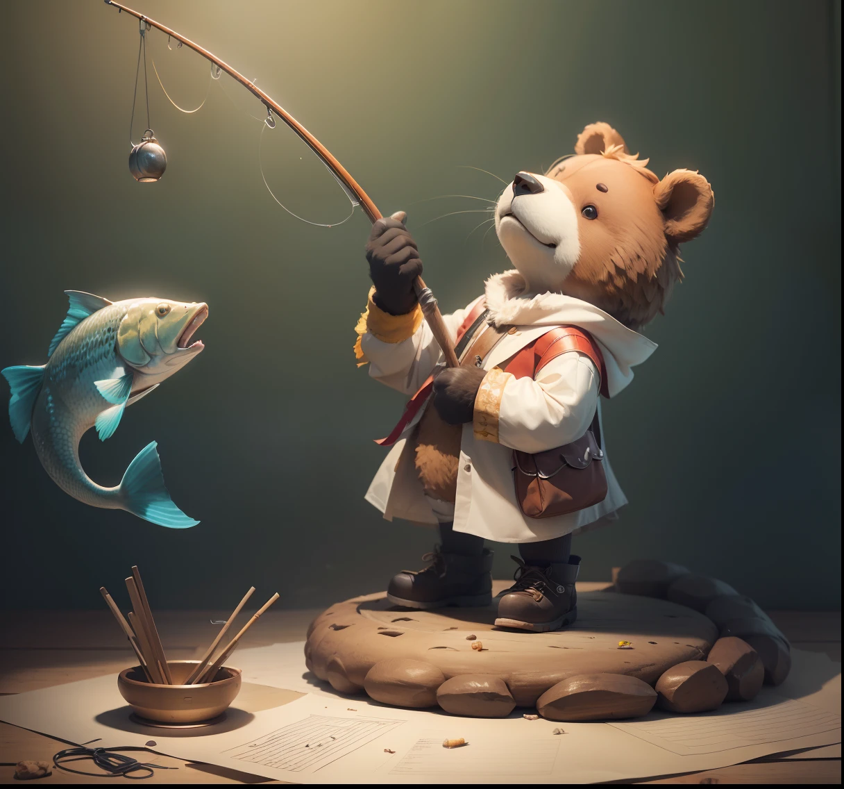 (On parchment paper, Sheet Characteristics), A full body shot, with the image of a large cartoon brown bear, Dressed in fishing boots, Perch caught in paws, Next to it is a box with fishing gear, On a summer day in a meadow a bucket of fish,, Character sheet of old parchment paper with 24K resolution, high detail, photo realism, Realistic sketch, Rough sketch, mix of bold dark lines and loose lines, bold lines, humanoid, centered, Focus on character, Big Fish Fluffy Bear Paws, Рафф Баттл носит Visage Dusty Cute.