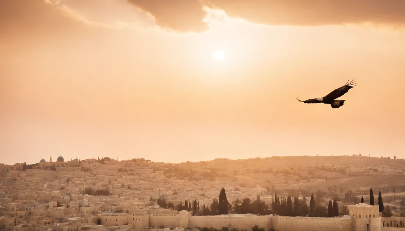 city of Jerusalem in the afternoon with sunset and an eagle flying overhead