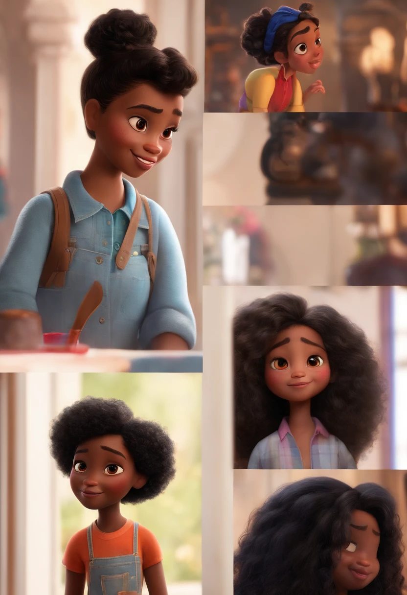 A Disney Pixar-inspired movie poster featuring an overweight woman with medium curly hair, olhos castanhos, Um homem branco cabelo castanho, sorriso largo com uma falha no meio dos dentes, Hugging the woman, A light black child with curly hair below the shoulder 13-year-old ager, A 4-year-old black child with curly black hair and brown eyes, e uma meniena de 10 anos com curtos cabelos castanhos ondulados. A cena deve ser no estilo de arte digital distinto da Pixar, with a focus on character expressions, Vibrant colors and detailed texture that are characteristic of his animations