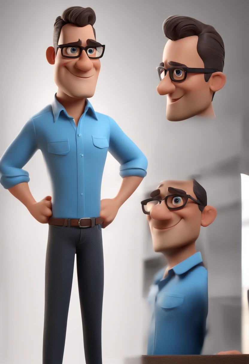 Cartoon character of a man wearing black glasses and a blue shirt, Um personagem animado, Caractere estilizado, Rendering Animation Styles, 3D estilizado, Arnold Maya render, 3D render estilizado, Toon renderizar keyshot, Personagem 3D, Personagem 3D, 3d rendering stylized, 3 d character render, Personagem de desenho animado, Personagem de close-up, Pose do personagem, (Estilo Pixar) (Obra prima:1.2) (Bokeh) (melhor qualidade) (Pele detalhada) (Textura detalhada) (8k) (argila) (Cinematic lighting) (foco nítido,Senta-se e copos parte superior do corpo