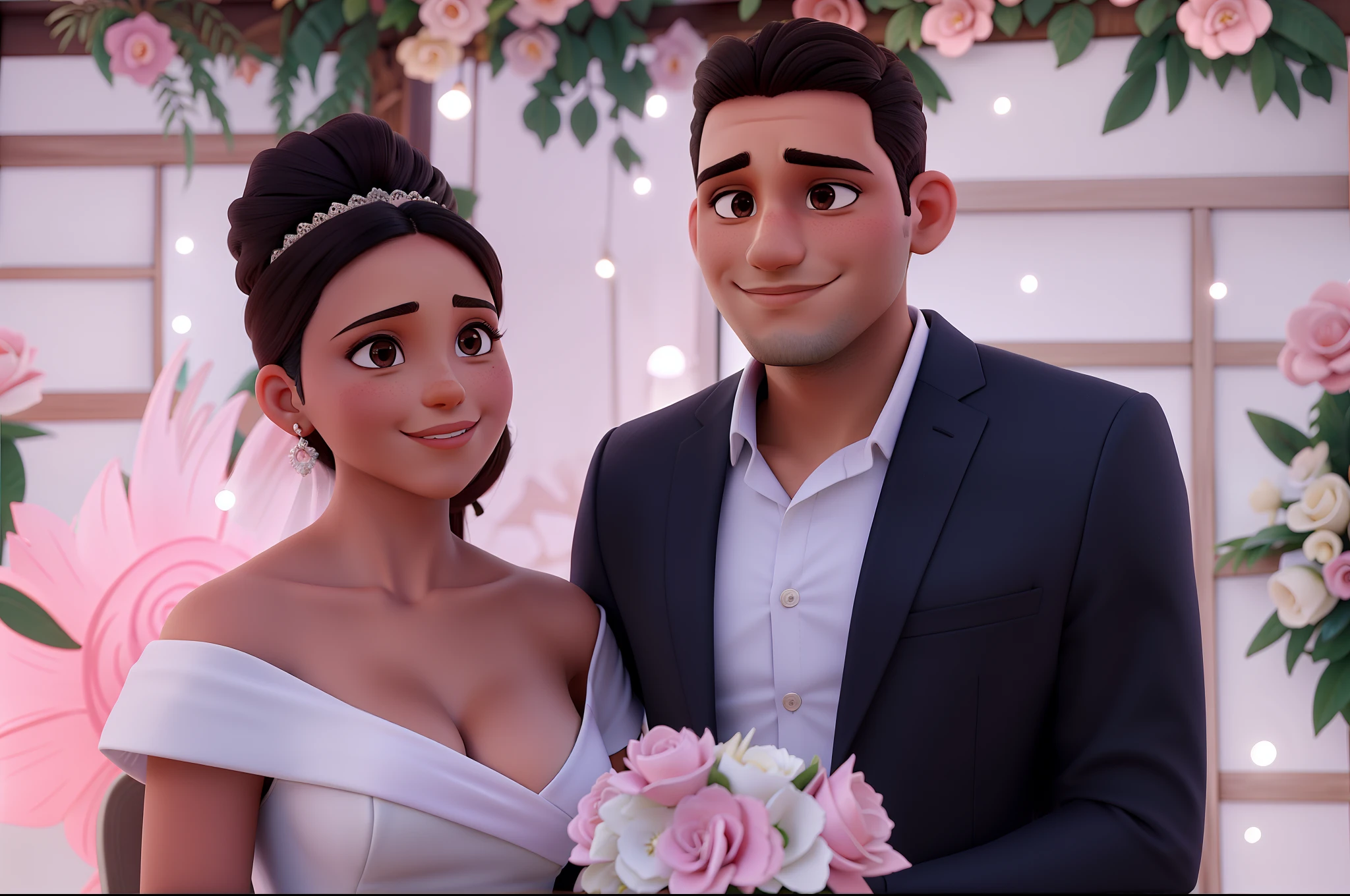 Uma mulher morena e um homem vestindo roupas de casamento com fundo de painel